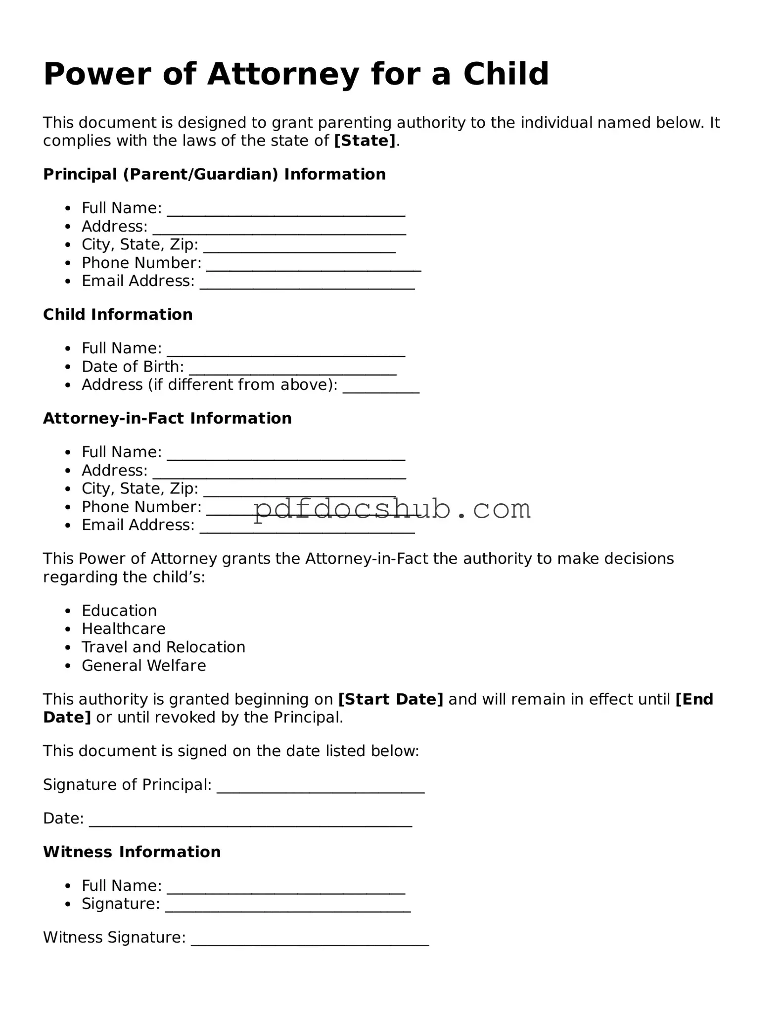 Legal Power of Attorney for a Child Template