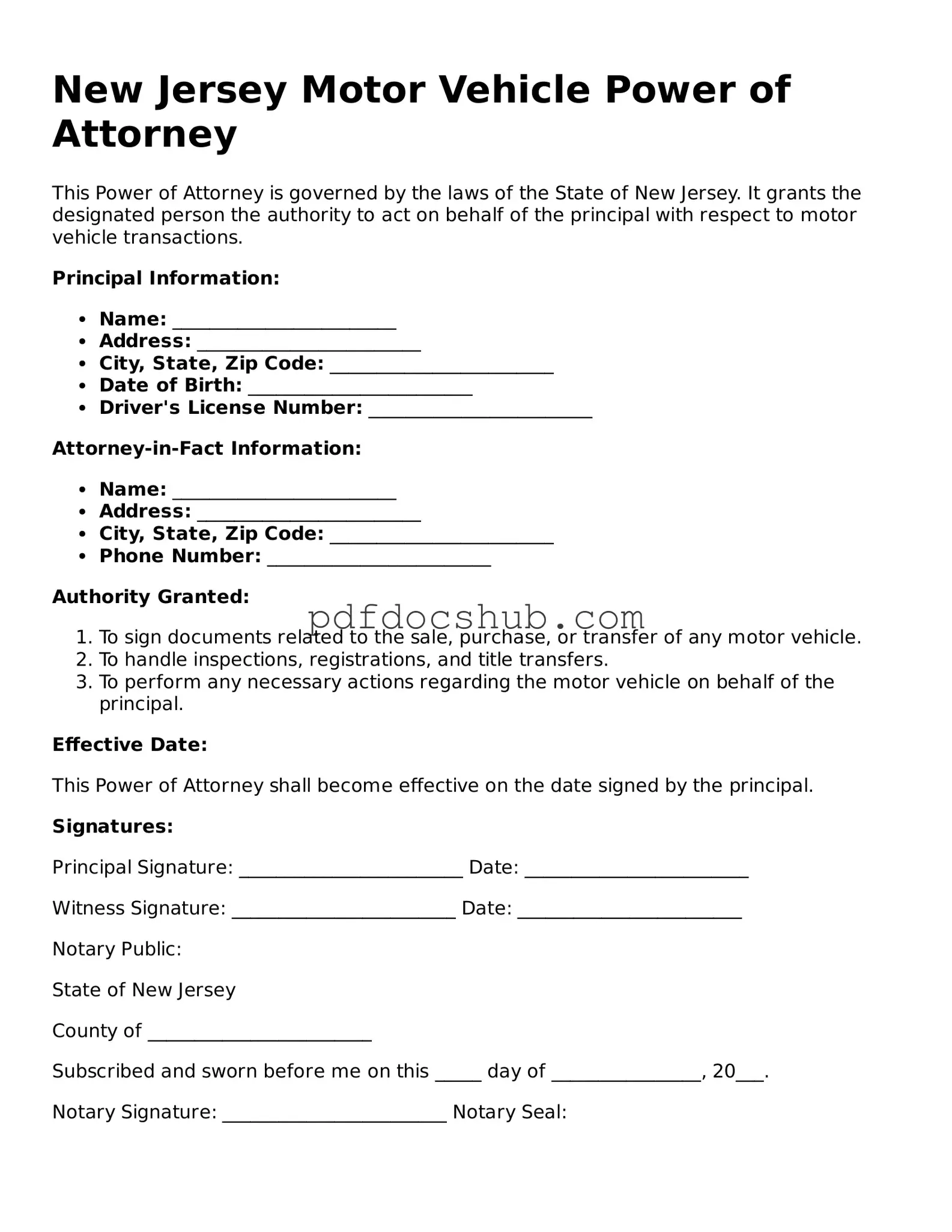 Attorney-Approved New Jersey Motor Vehicle Power of Attorney Form
