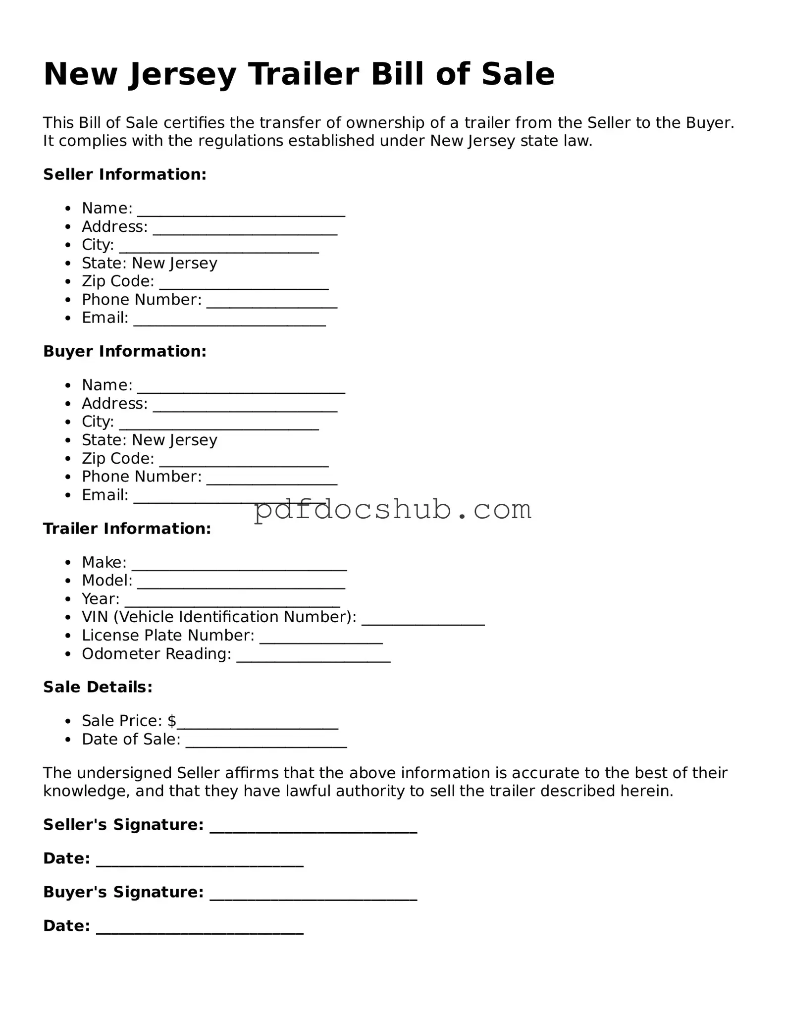 Attorney-Approved New Jersey Trailer Bill of Sale Form