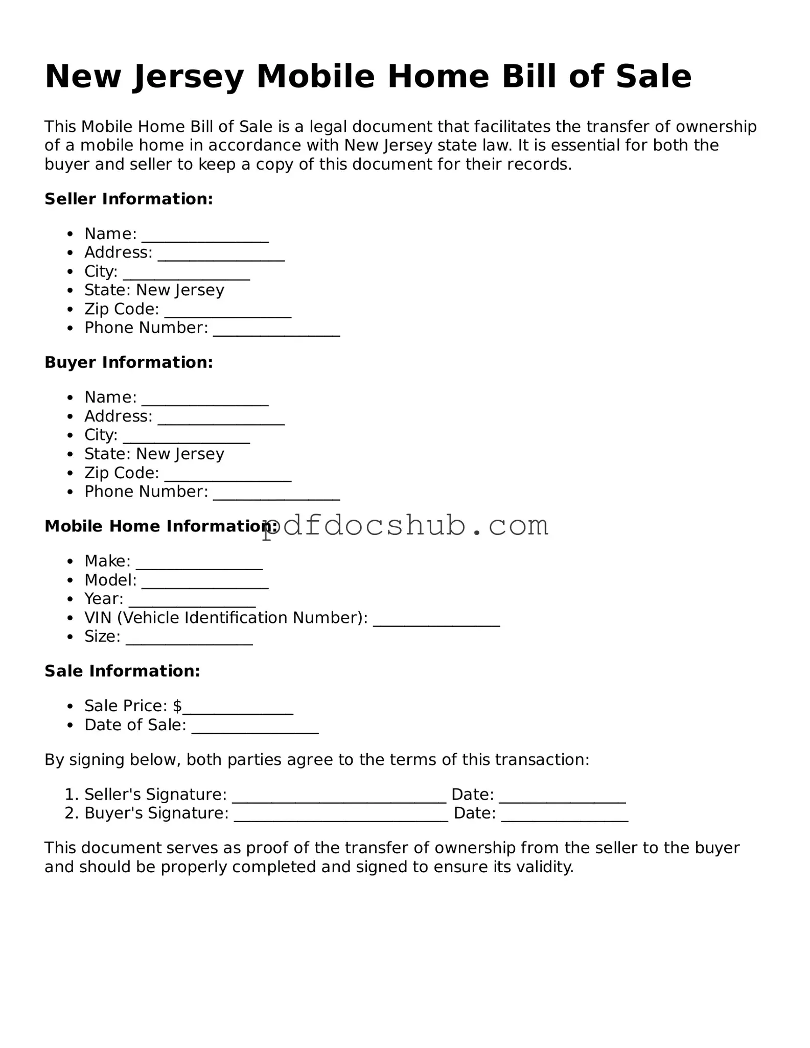 Attorney-Approved New Jersey Mobile Home Bill of Sale Form