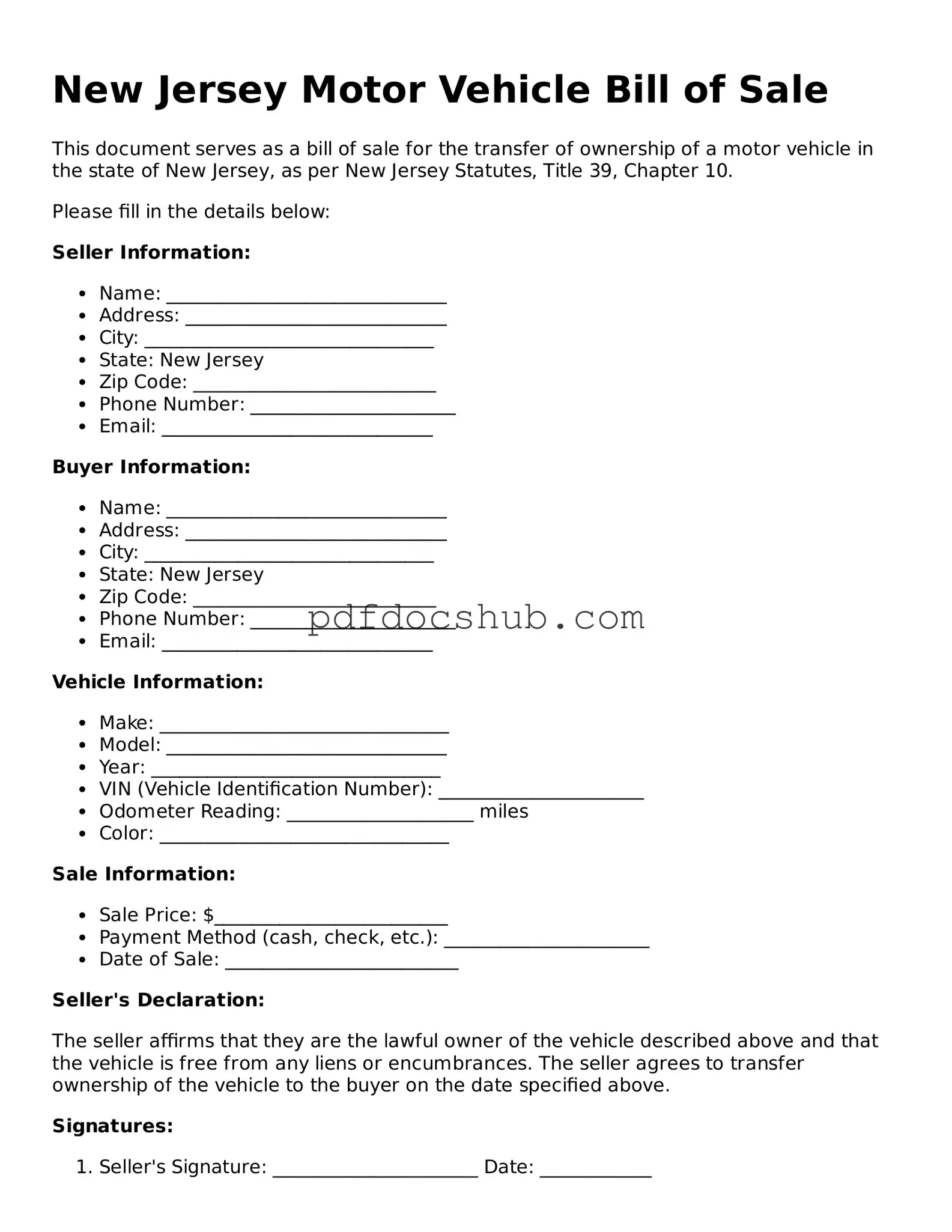 Attorney-Approved New Jersey Motor Vehicle Bill of Sale Form