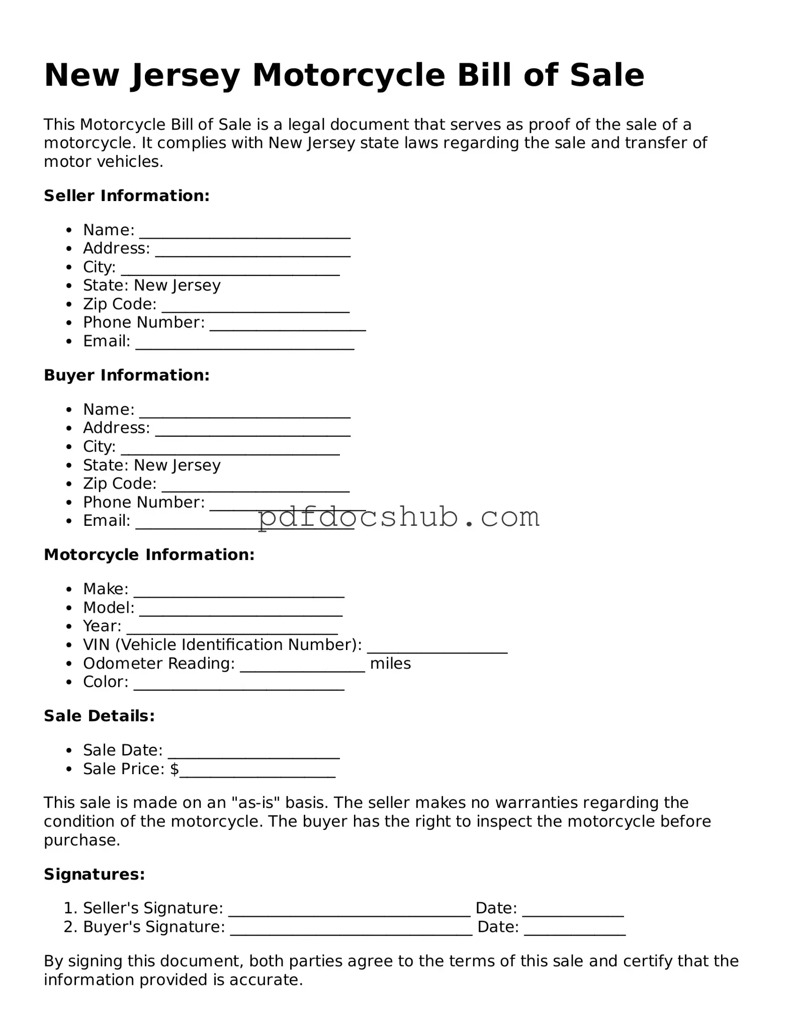 Attorney-Approved New Jersey Motorcycle Bill of Sale Form