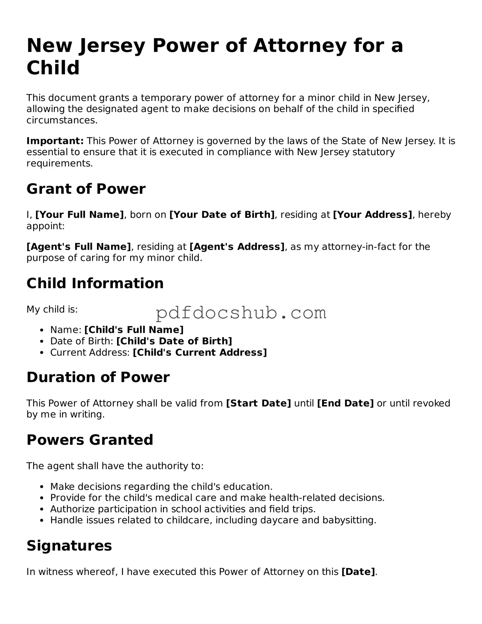 Attorney-Approved New Jersey Power of Attorney for a Child Form