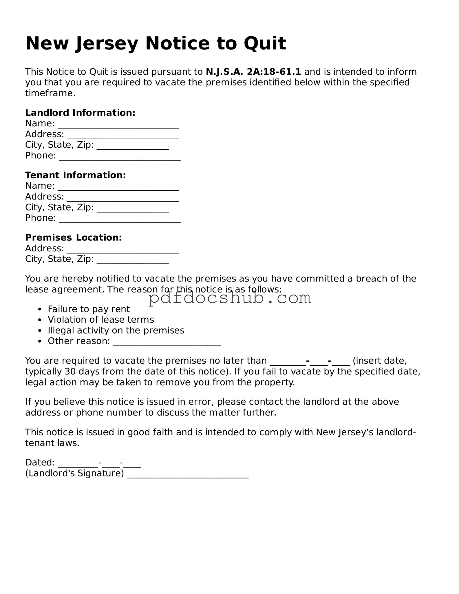 Attorney-Approved New Jersey Notice to Quit Form