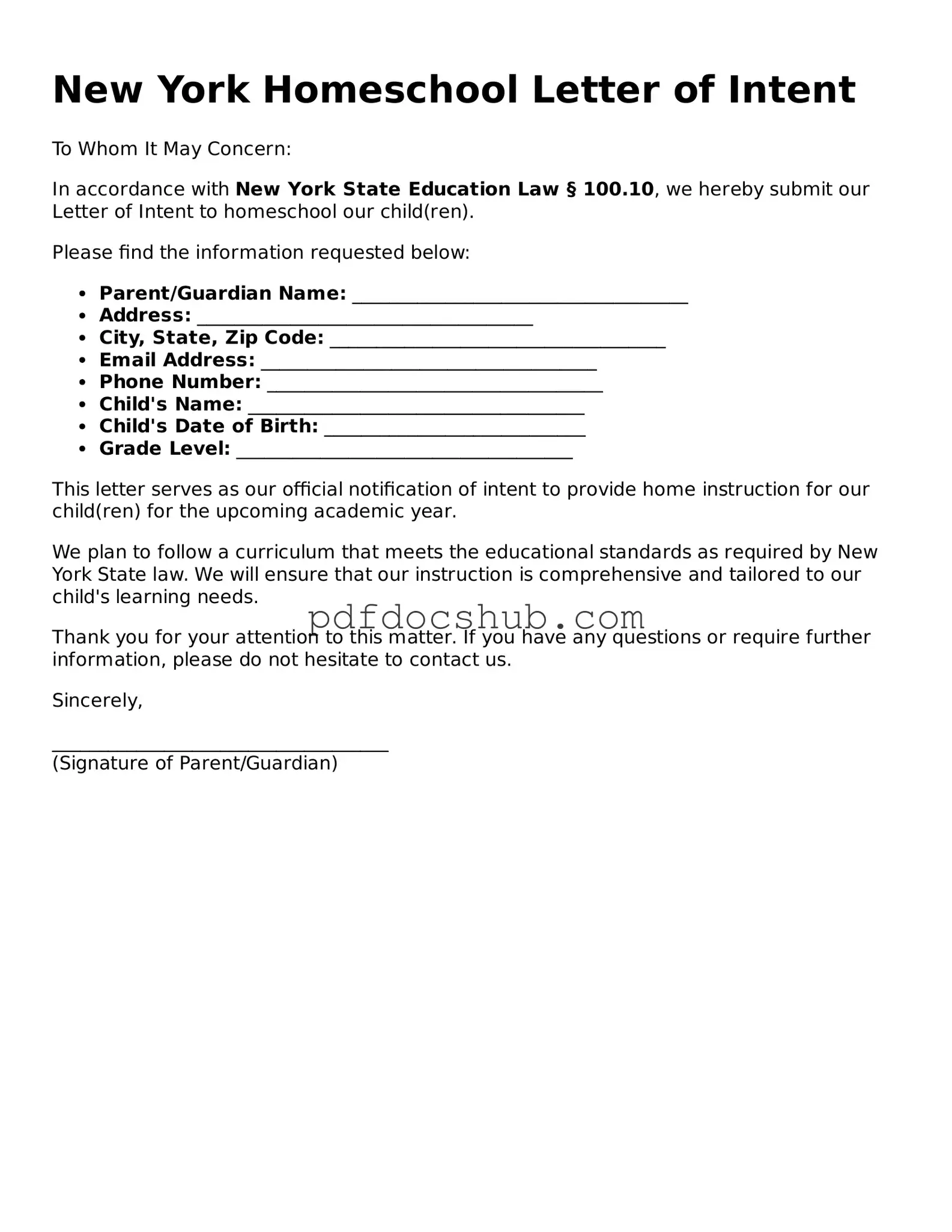 Attorney-Approved New York Homeschool Letter of Intent Form