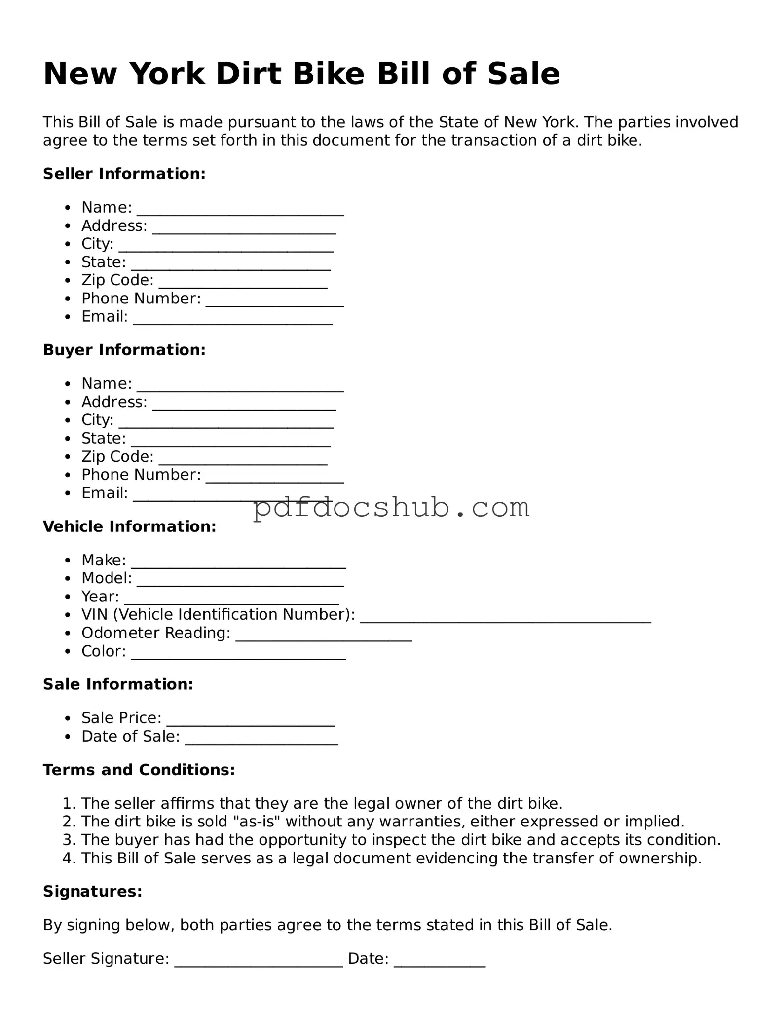 Attorney-Approved New York Dirt Bike Bill of Sale Form