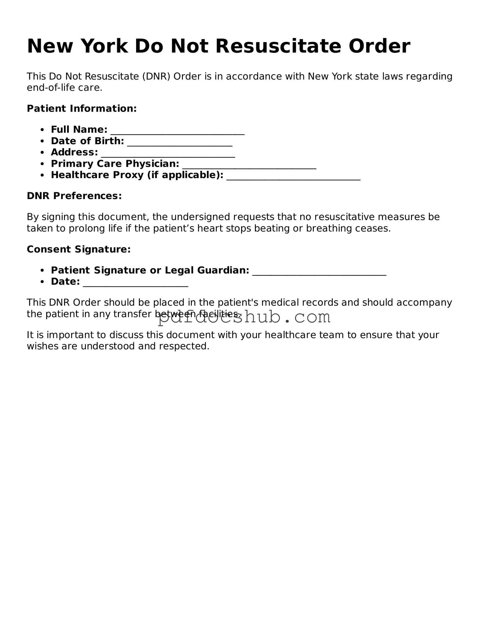 Attorney-Approved New York Do Not Resuscitate Order Form