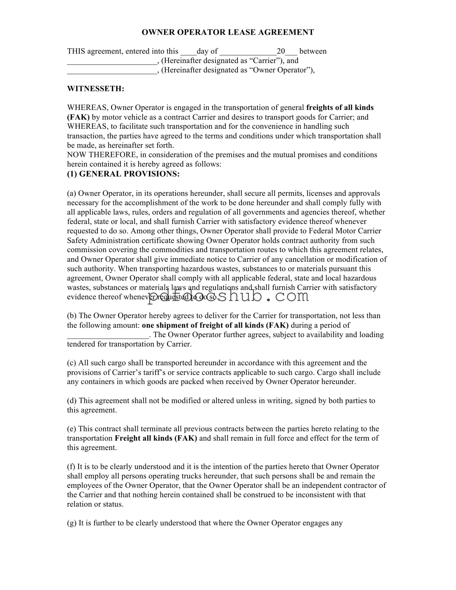 Owner Operator Lease Agreement Template