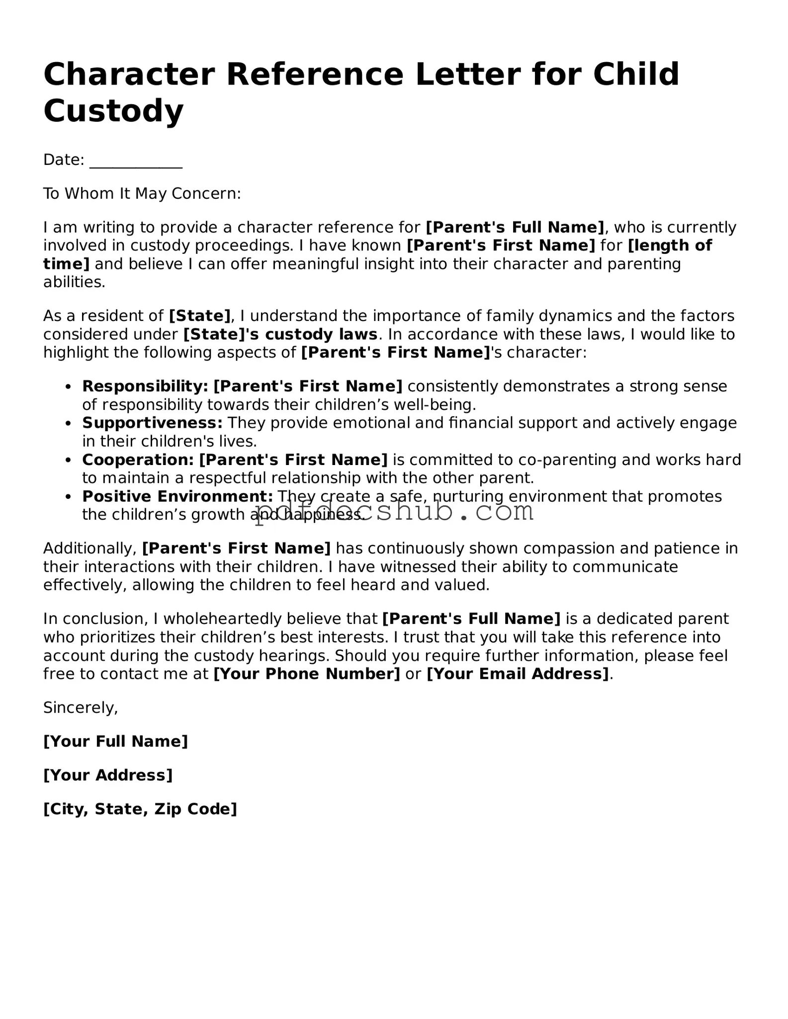 Legal Character Reference Letter for Child Custody Template