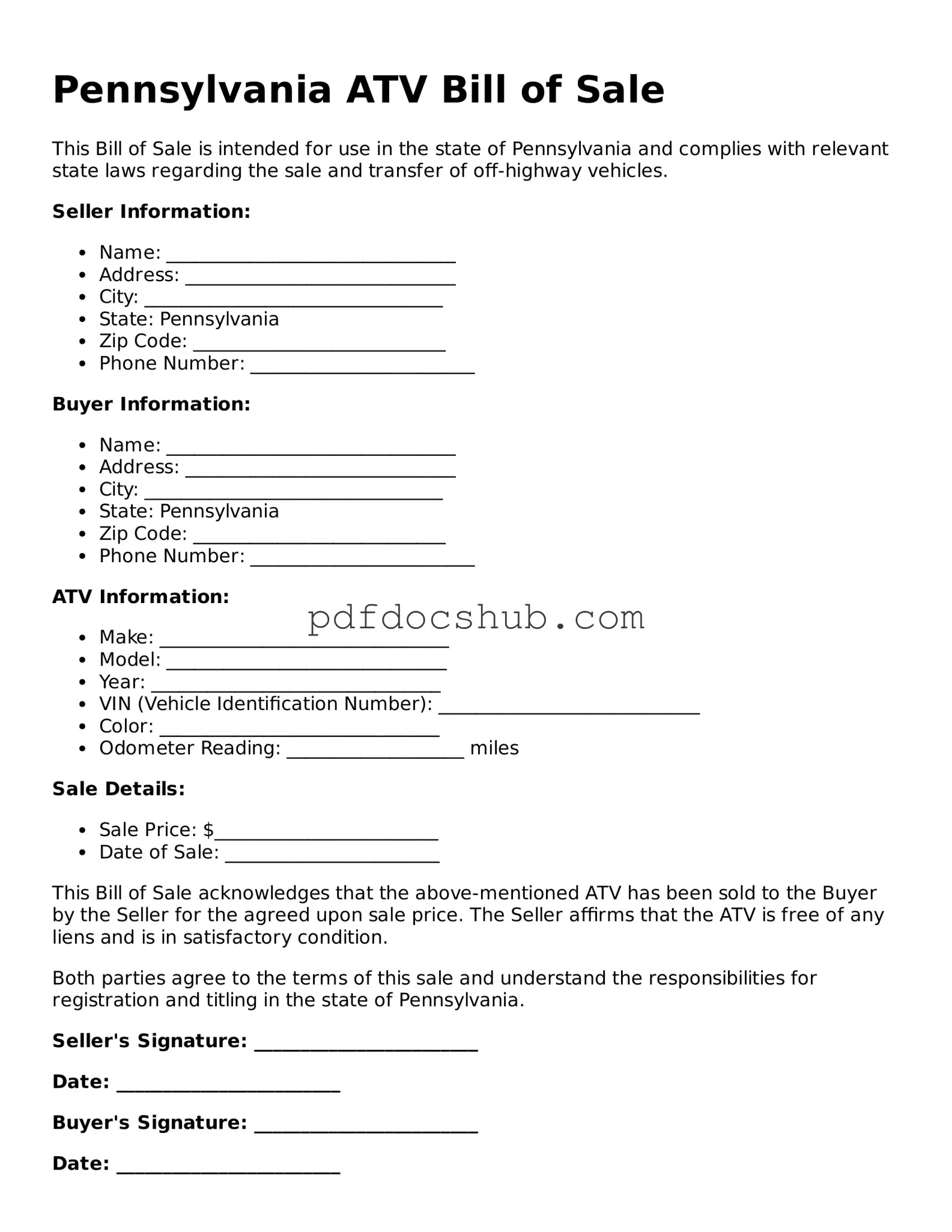 Attorney-Approved Pennsylvania ATV Bill of Sale Form