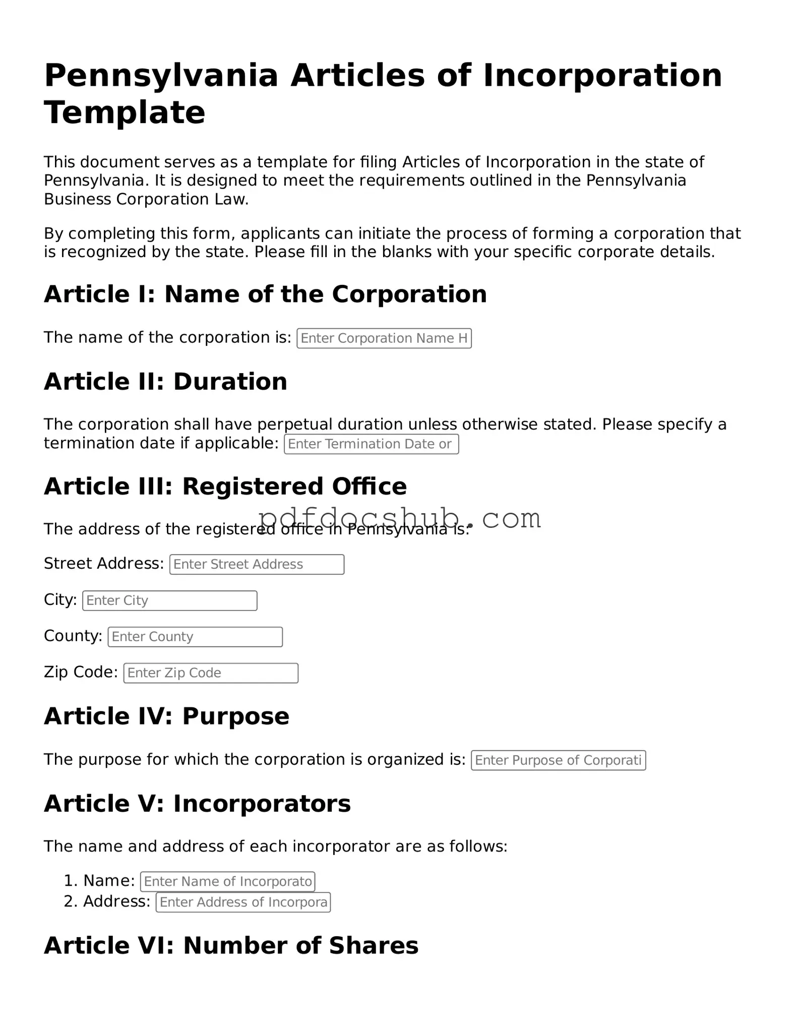 Attorney-Approved Pennsylvania Articles of Incorporation Form