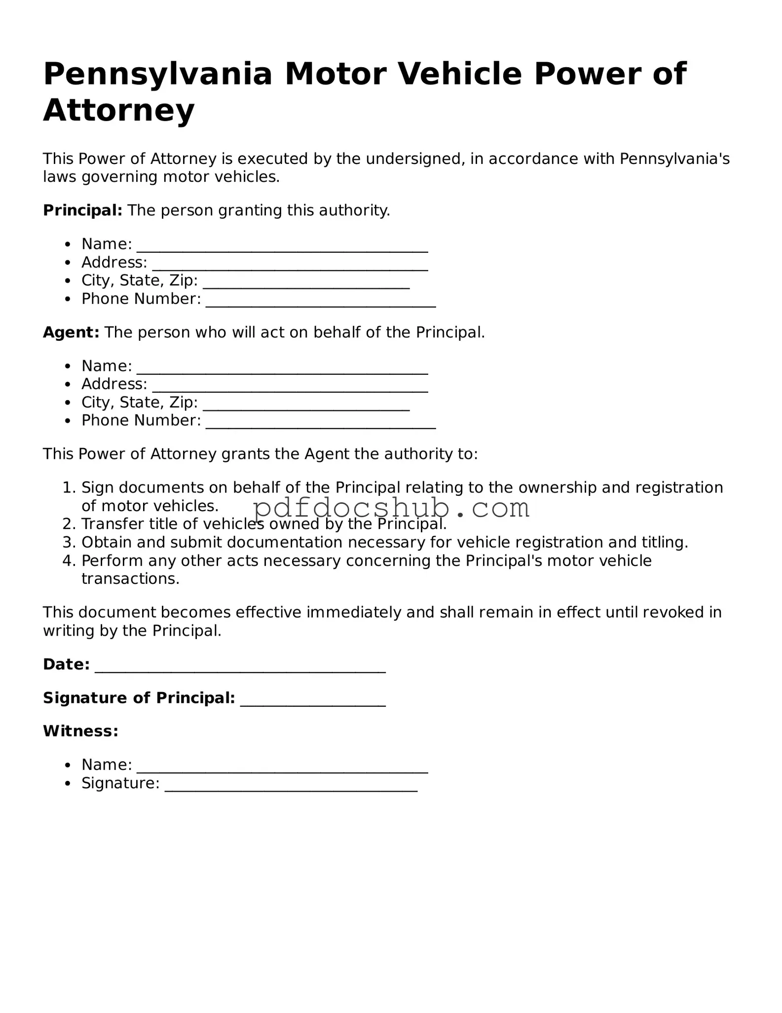 Attorney-Approved Pennsylvania Motor Vehicle Power of Attorney Form