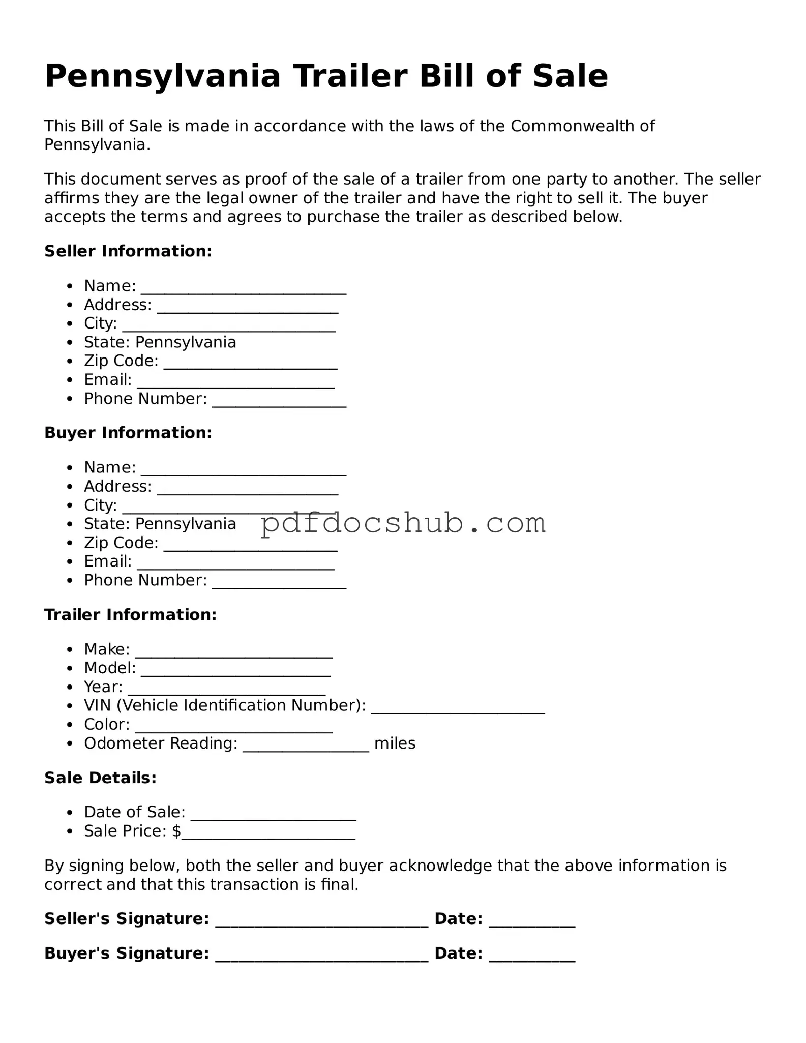 Attorney-Approved Pennsylvania Trailer Bill of Sale Form