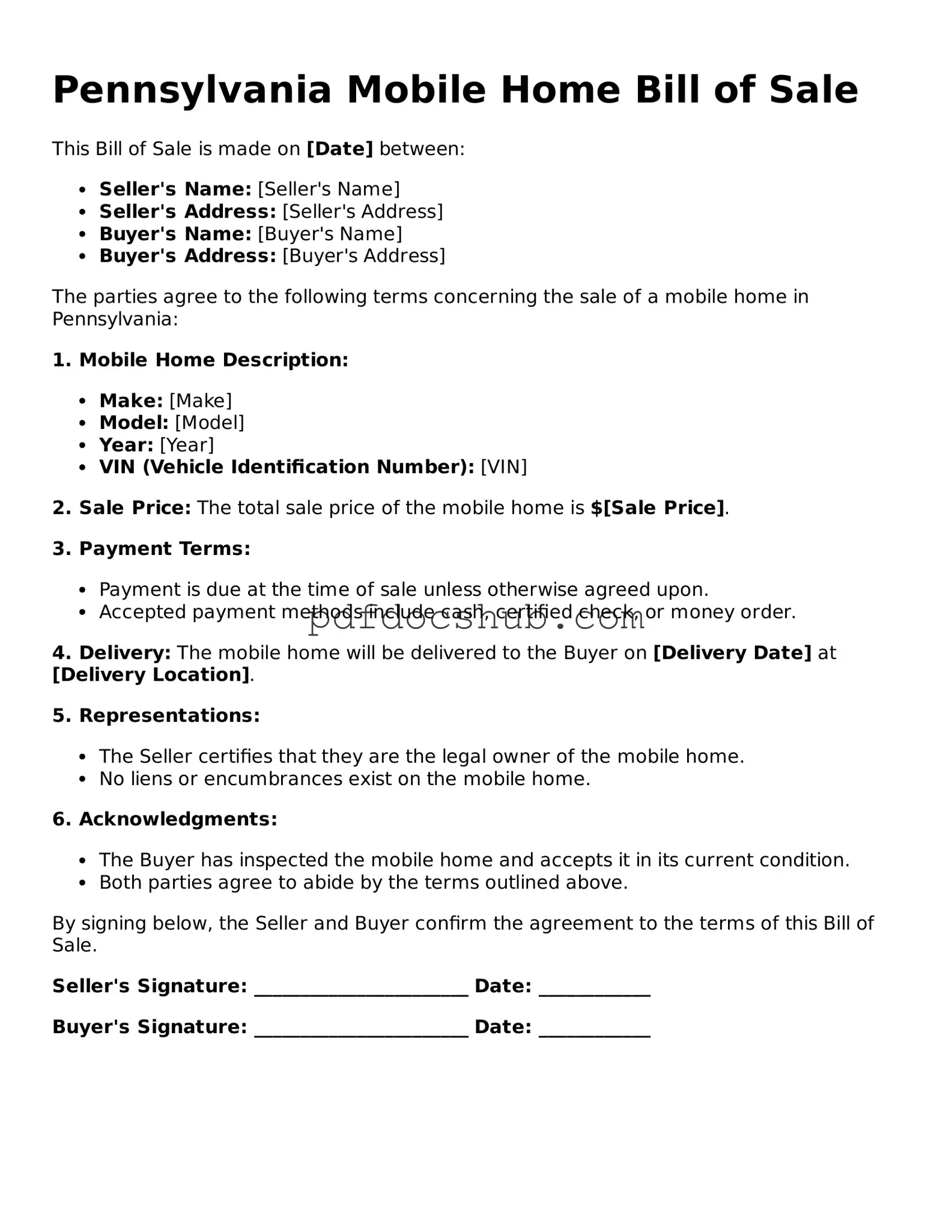 Attorney-Approved Pennsylvania Mobile Home Bill of Sale Form