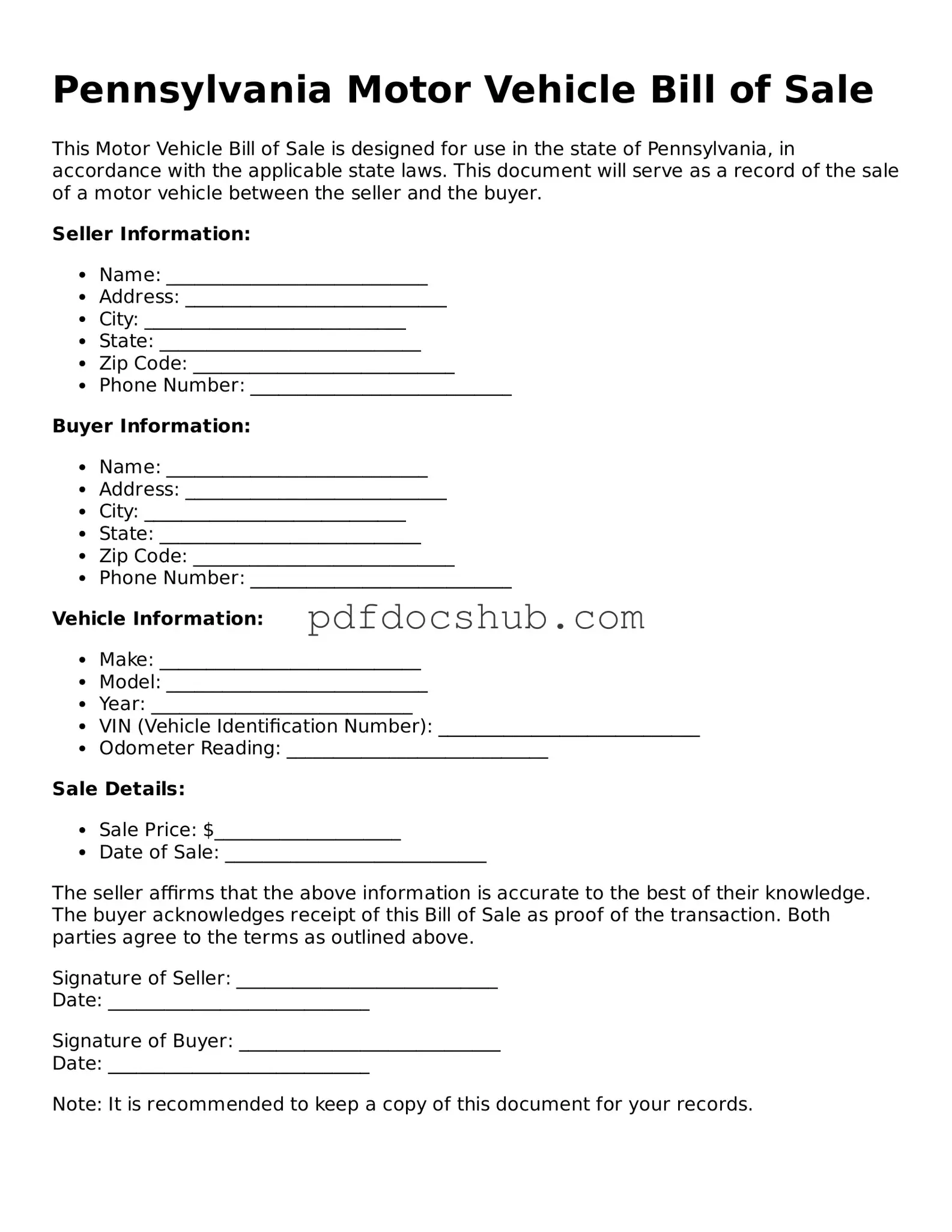 Attorney-Approved Pennsylvania Motor Vehicle Bill of Sale Form
