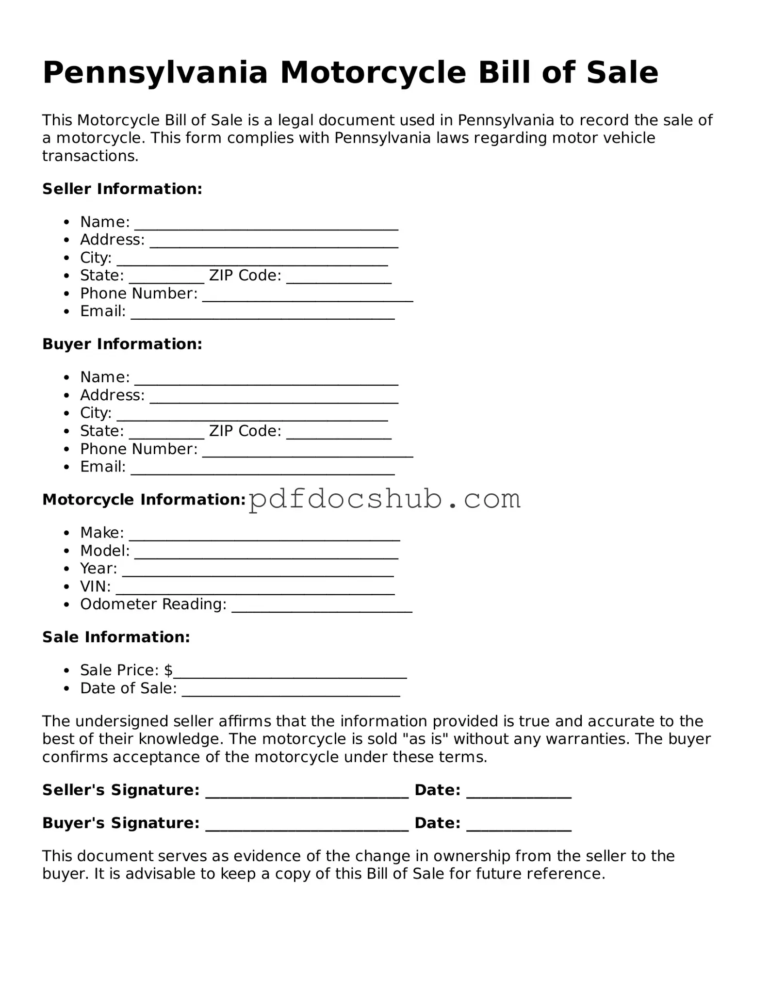 Attorney-Approved Pennsylvania Motorcycle Bill of Sale Form