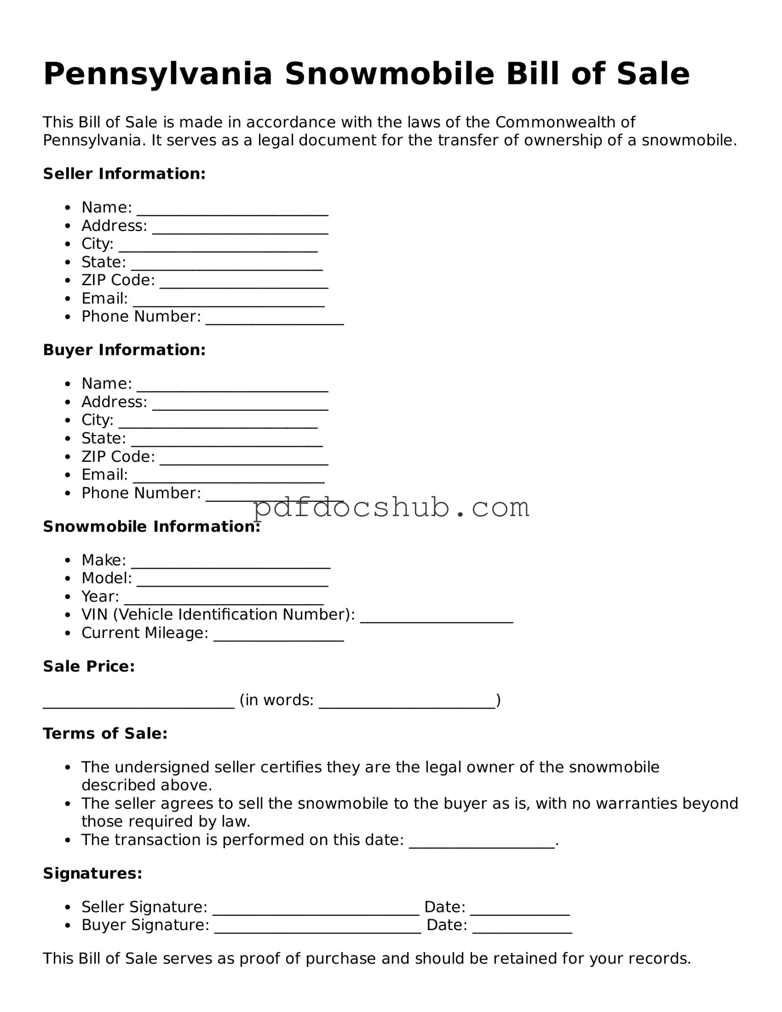 Attorney-Approved Pennsylvania Snowmobile Bill of Sale Form