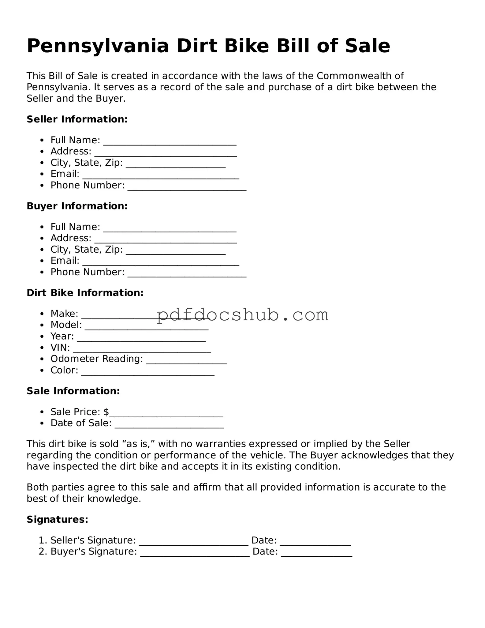 Attorney-Approved Pennsylvania Dirt Bike Bill of Sale Form