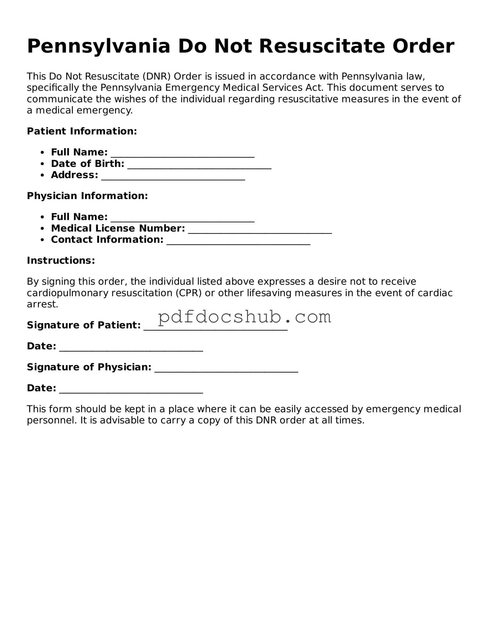 Attorney-Approved Pennsylvania Do Not Resuscitate Order Form