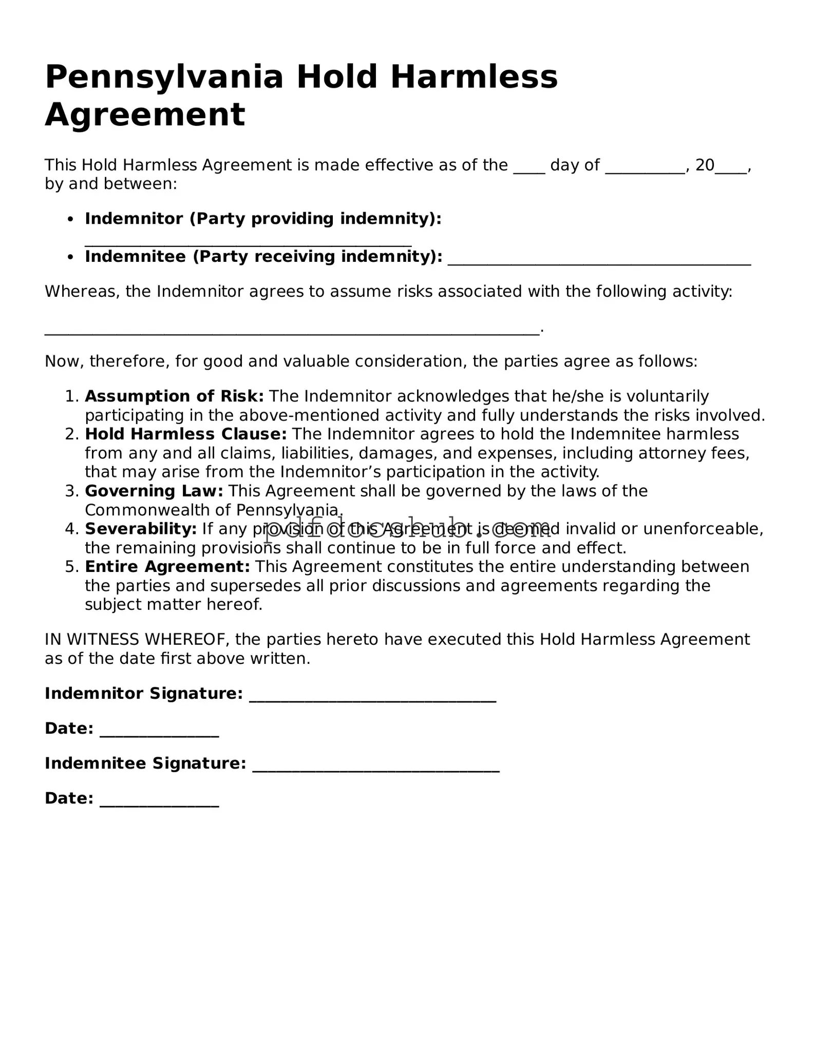 Attorney-Approved Pennsylvania Hold Harmless Agreement Form