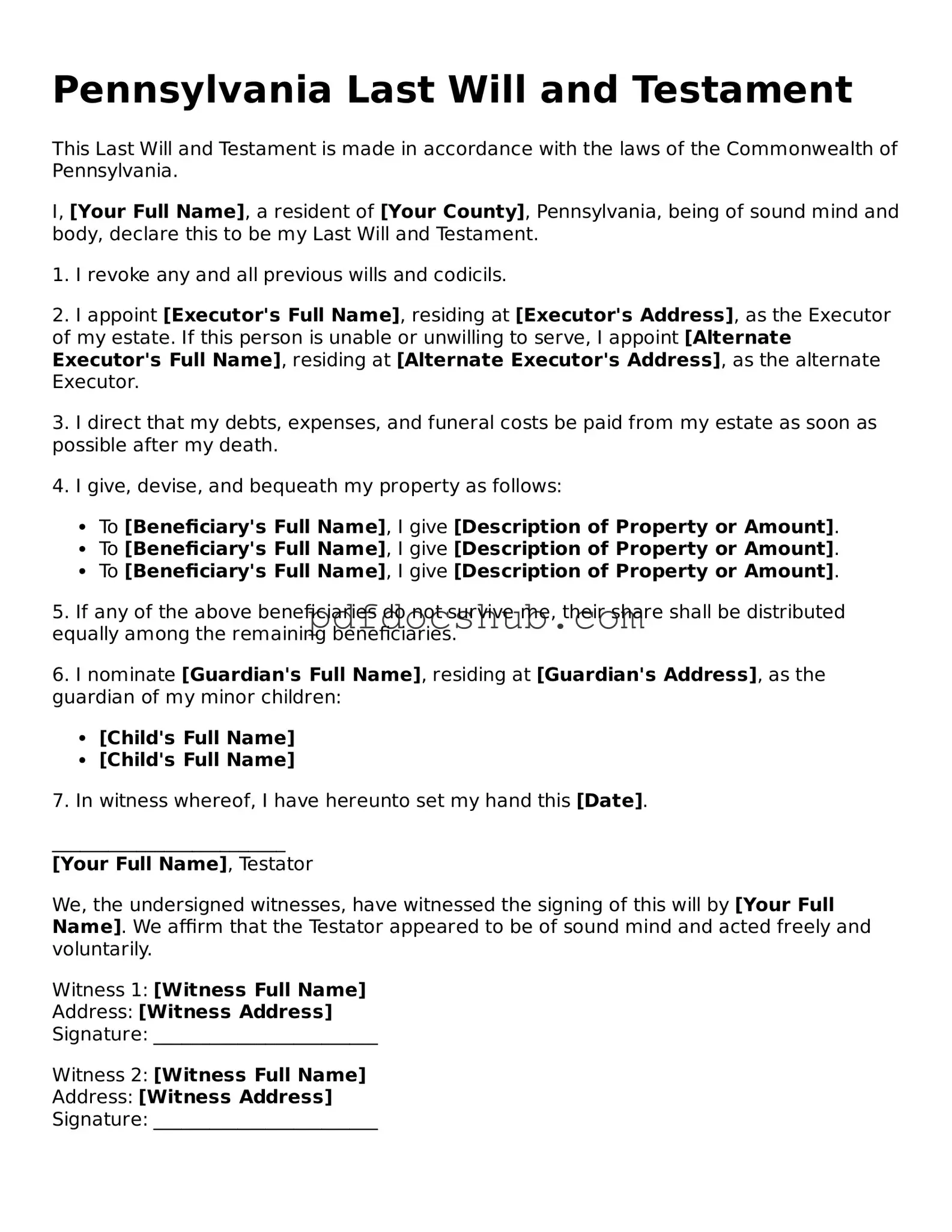 Attorney-Approved Pennsylvania Last Will and Testament Form