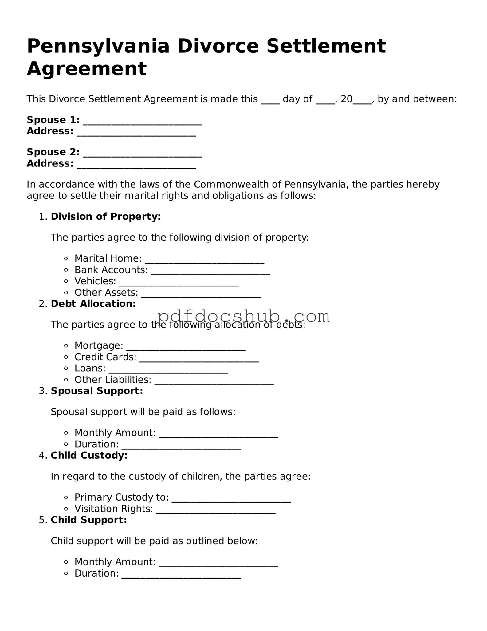 Attorney-Approved Pennsylvania Divorce Settlement Agreement Form