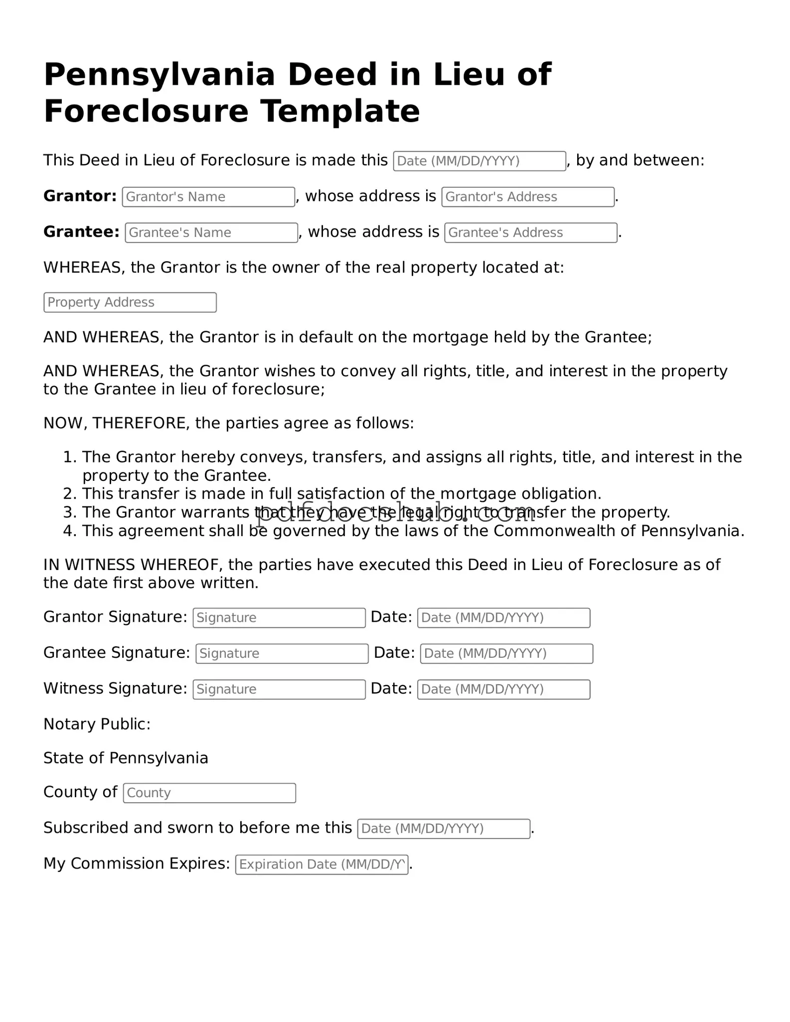 Attorney-Approved Pennsylvania Deed in Lieu of Foreclosure Form