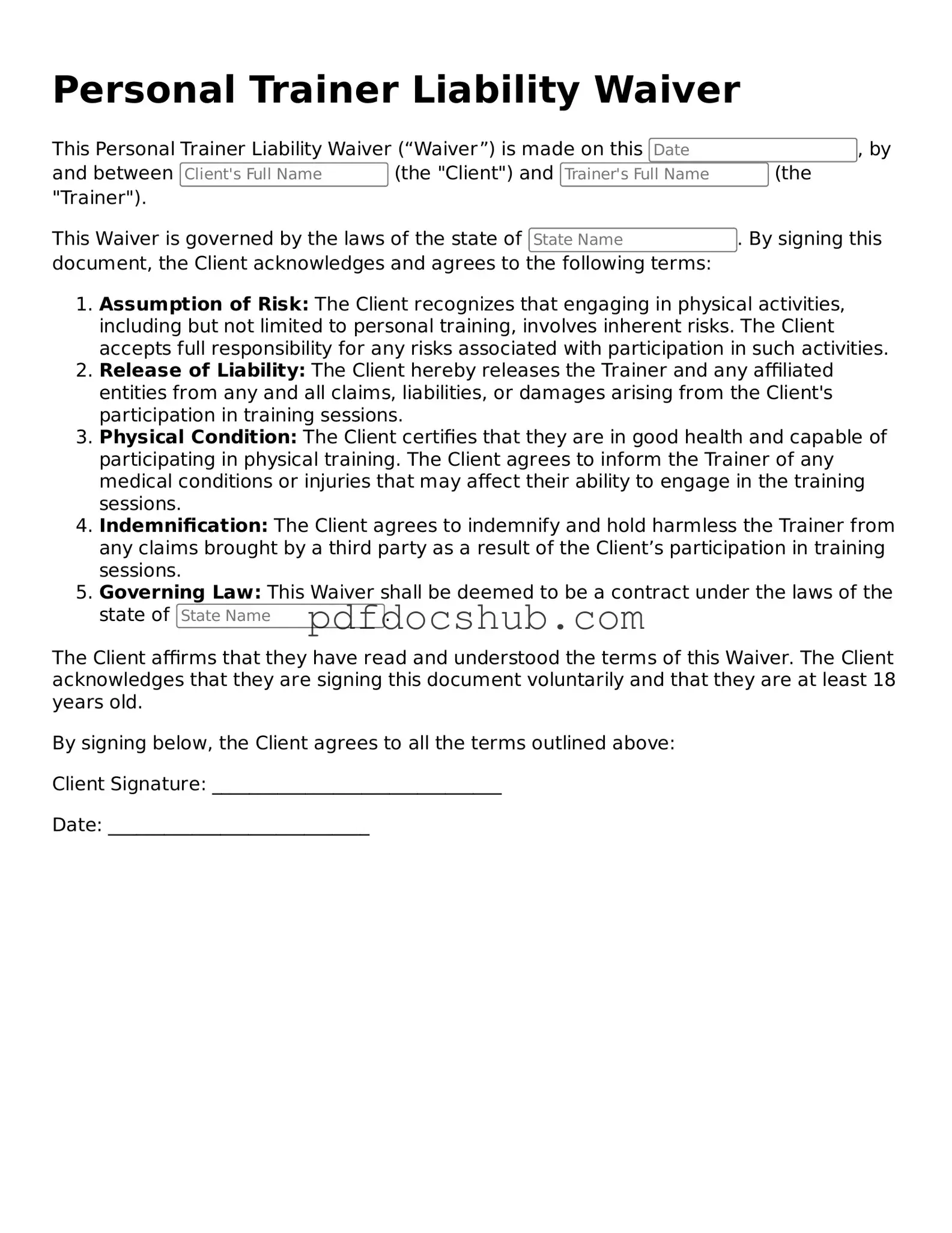 Legal Personal Trainer Liability Waiver Template