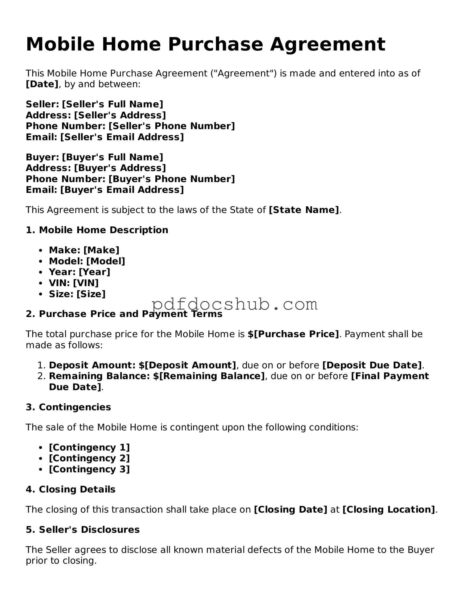 Legal Mobile Home Purchase Agreement Template