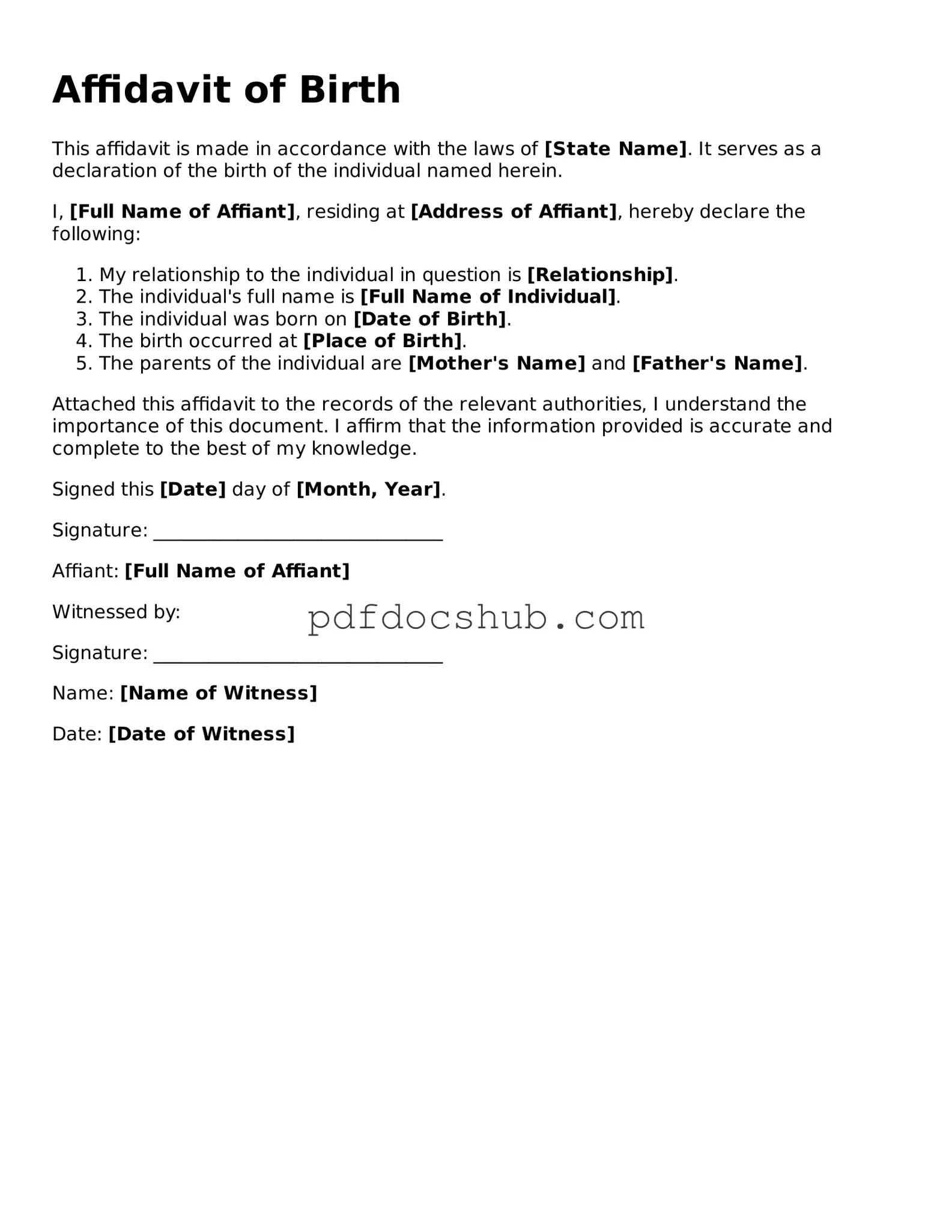 Legal Affidavit of Birth Template