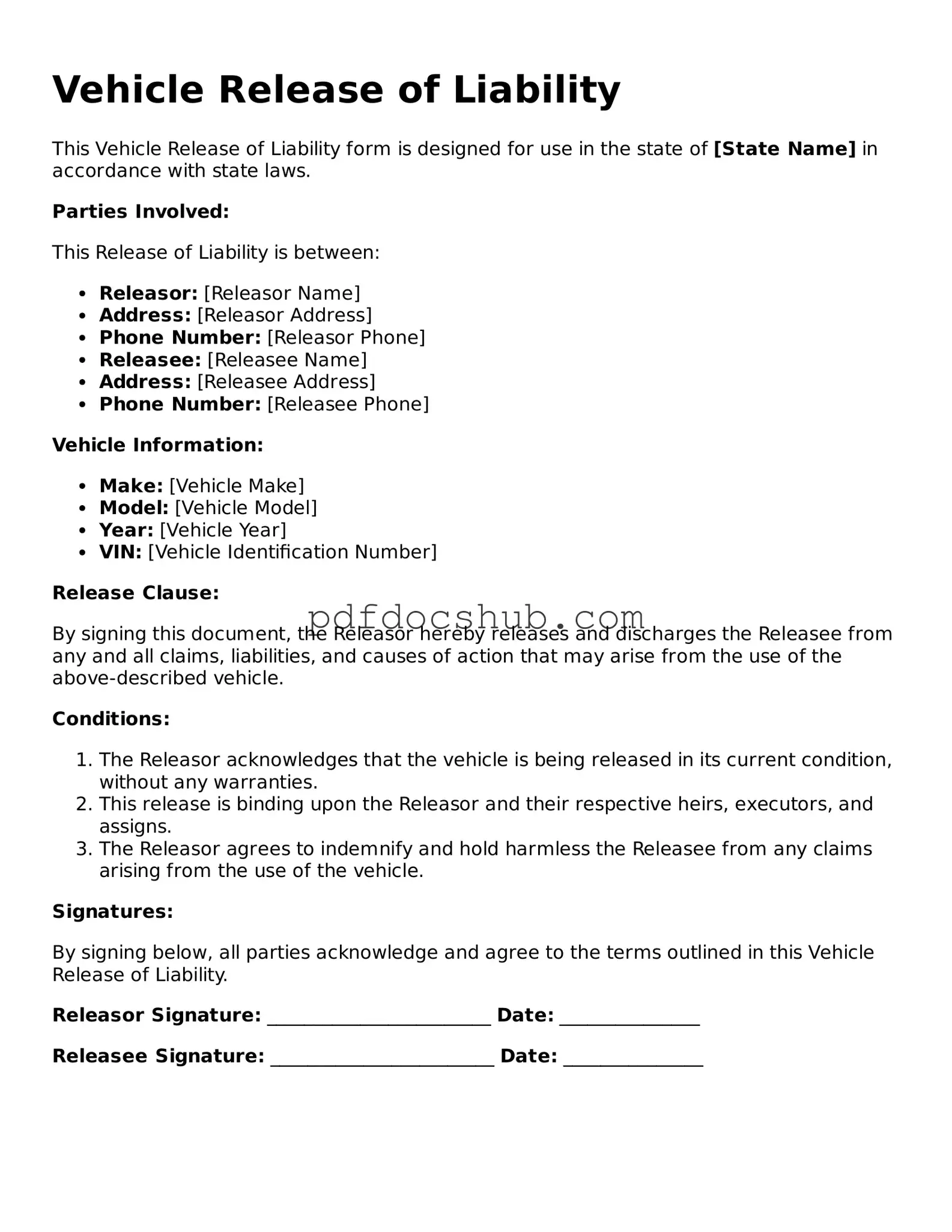 Legal Vehicle Release of Liability Template