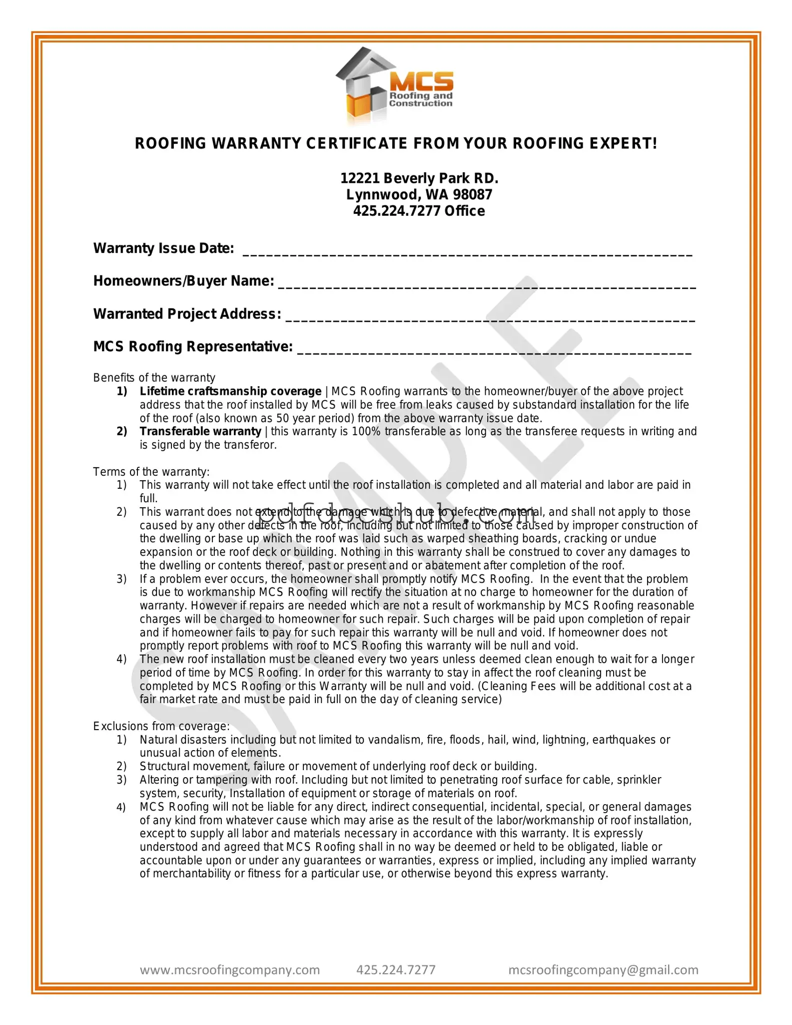 Roofing Warranty Certificate Template