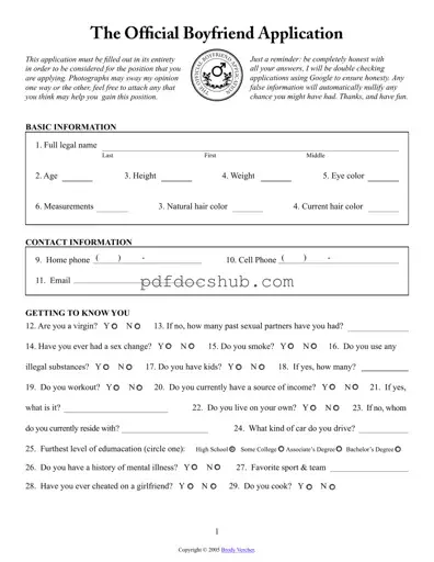 Boyfriend application form Template