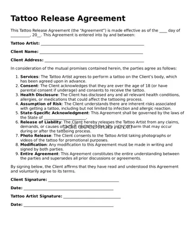 Legal Tattoo Release Template