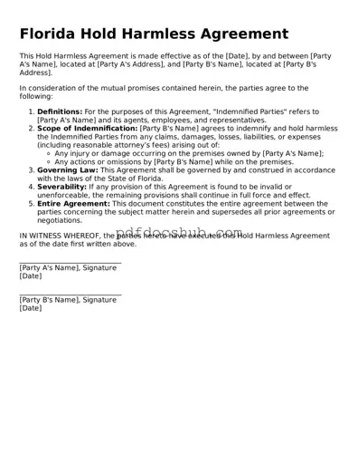 Attorney-Approved Florida Hold Harmless Agreement Form