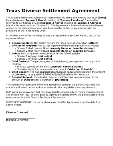 Attorney-Approved Texas Divorce Settlement Agreement Form