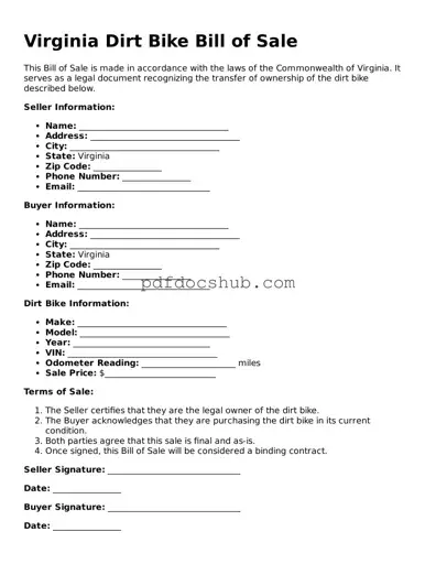 Attorney-Approved Virginia Dirt Bike Bill of Sale Form
