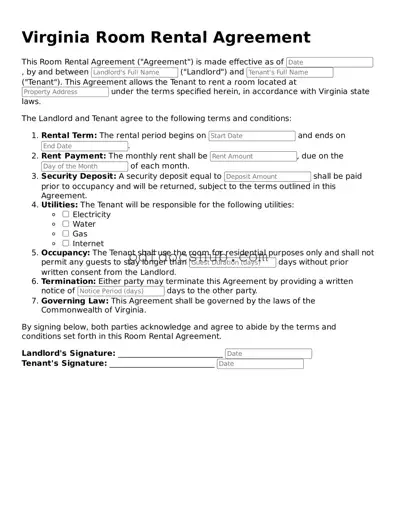 Attorney-Approved Virginia Room Rental Agreement Form