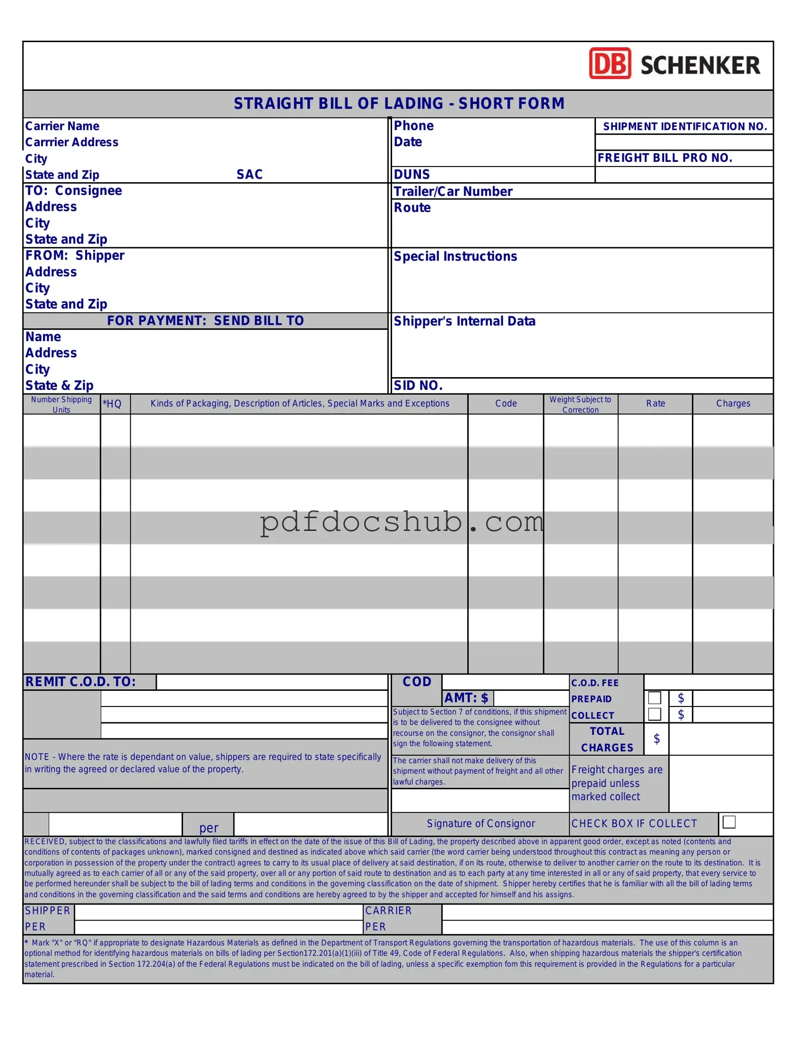Straight Bill Of Lading Template