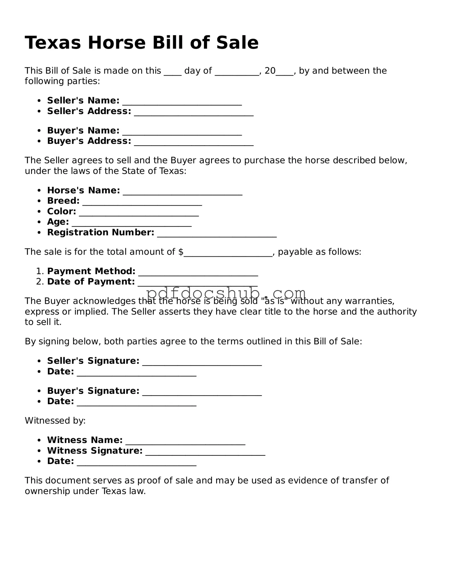 Attorney-Approved Texas Horse Bill of Sale Form