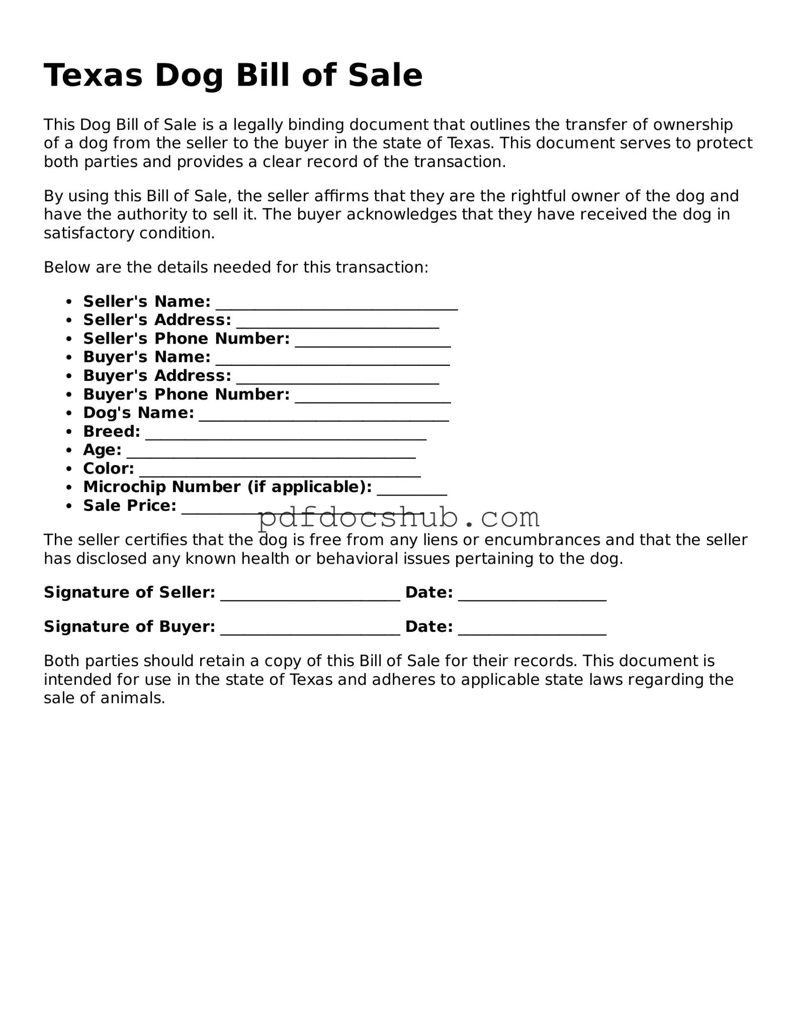Attorney-Approved Texas Dog Bill of Sale Form