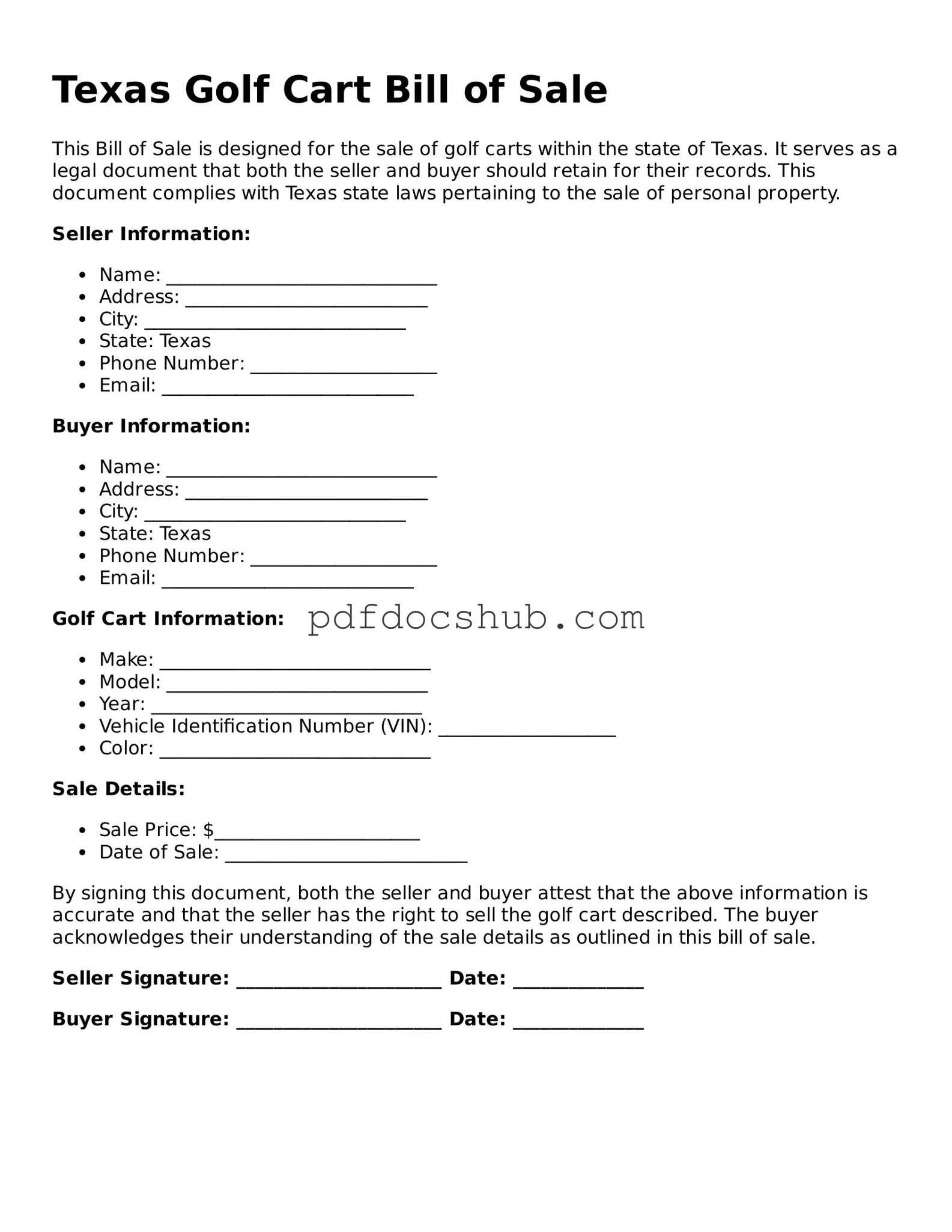 Attorney-Approved Texas Golf Cart Bill of Sale Form