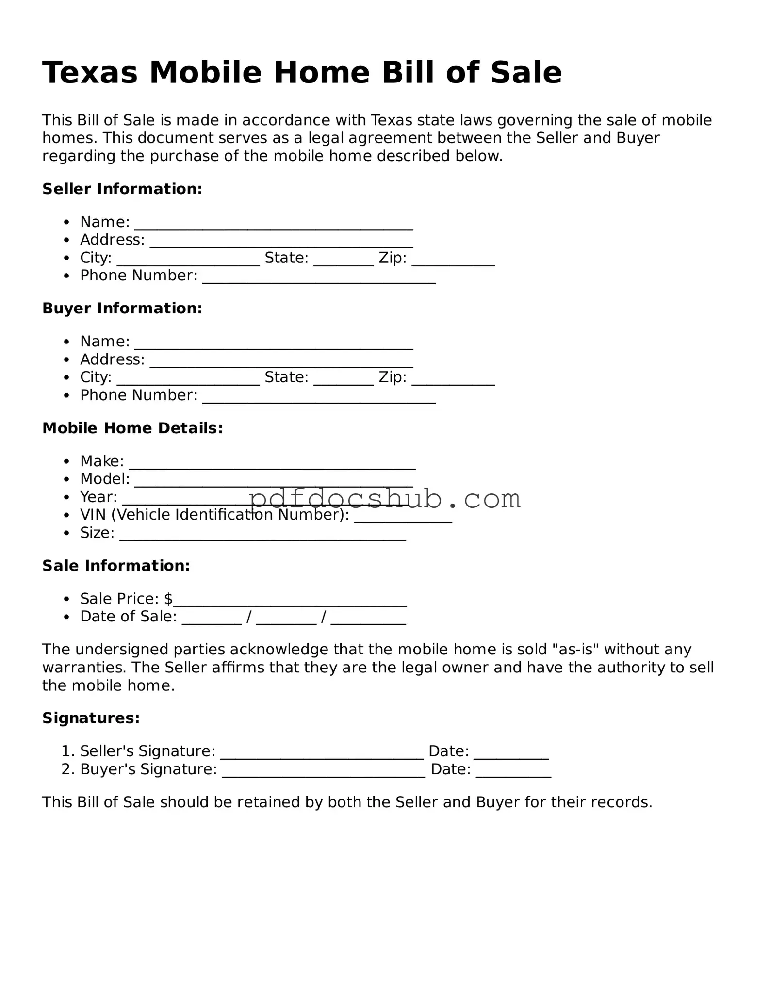 Attorney-Approved Texas Mobile Home Bill of Sale Form
