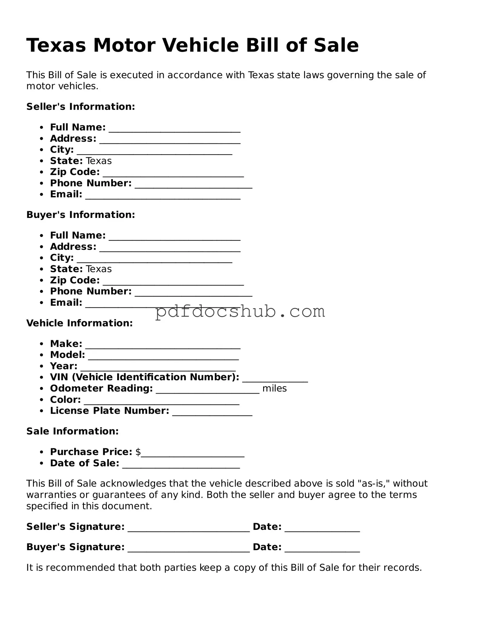 Attorney-Approved Texas Motor Vehicle Bill of Sale Form