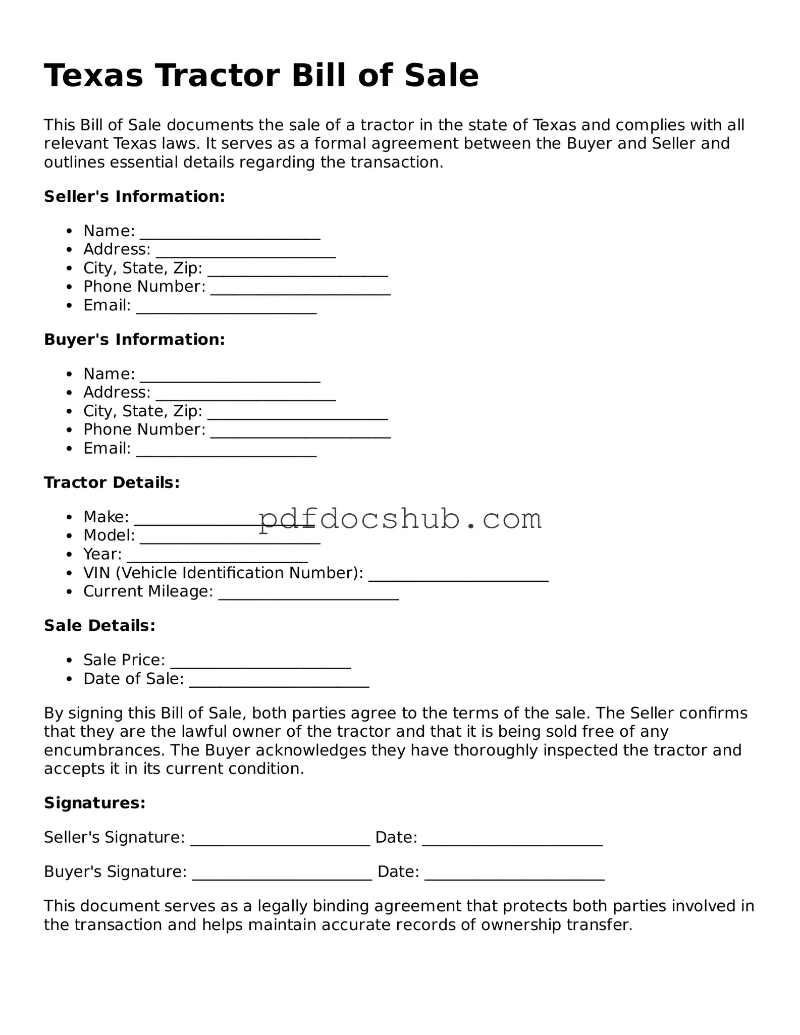 Attorney-Approved Texas Tractor Bill of Sale Form