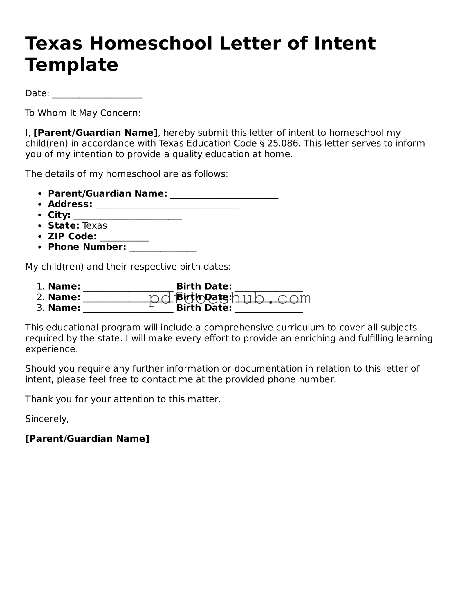 Attorney-Approved Texas Homeschool Letter of Intent Form