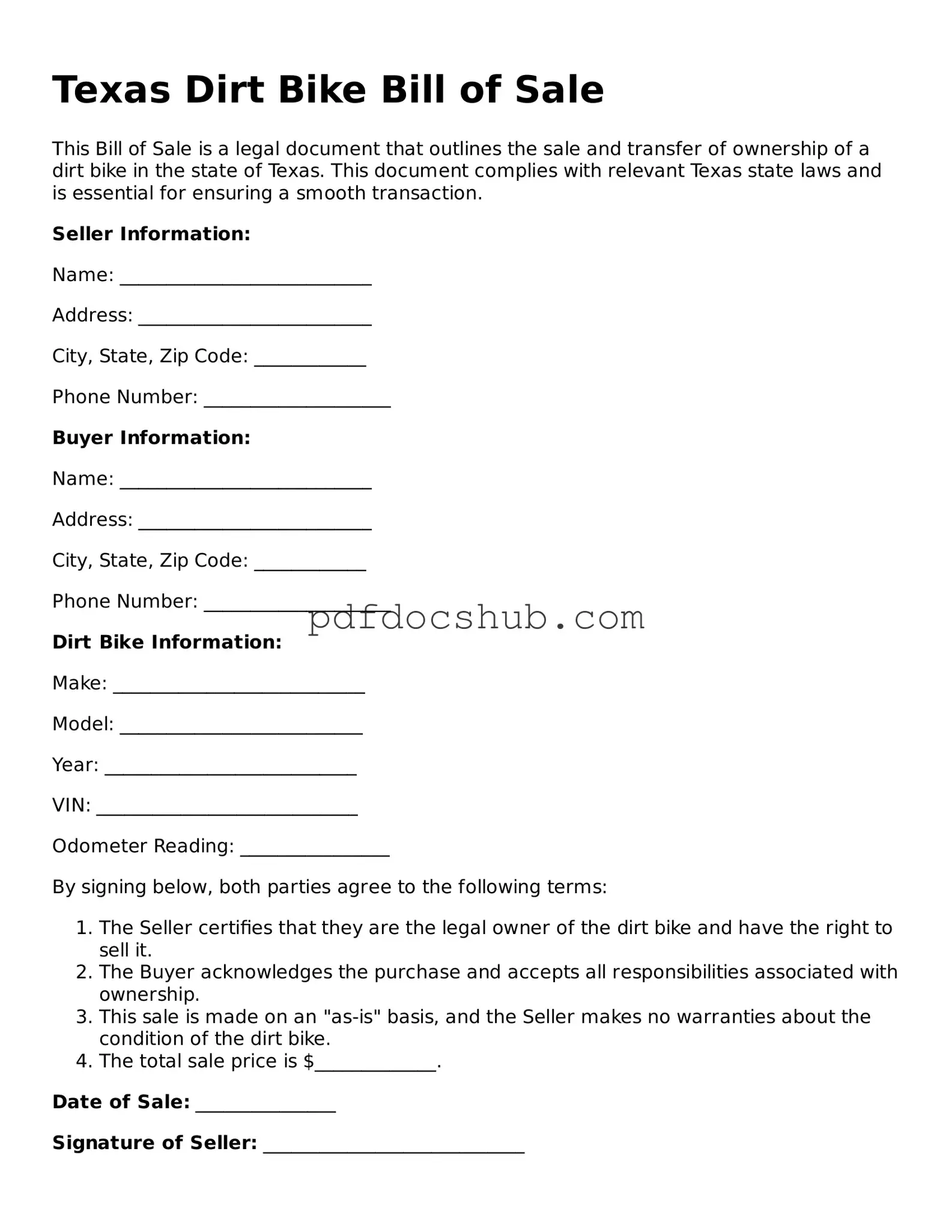 Attorney-Approved Texas Dirt Bike Bill of Sale Form