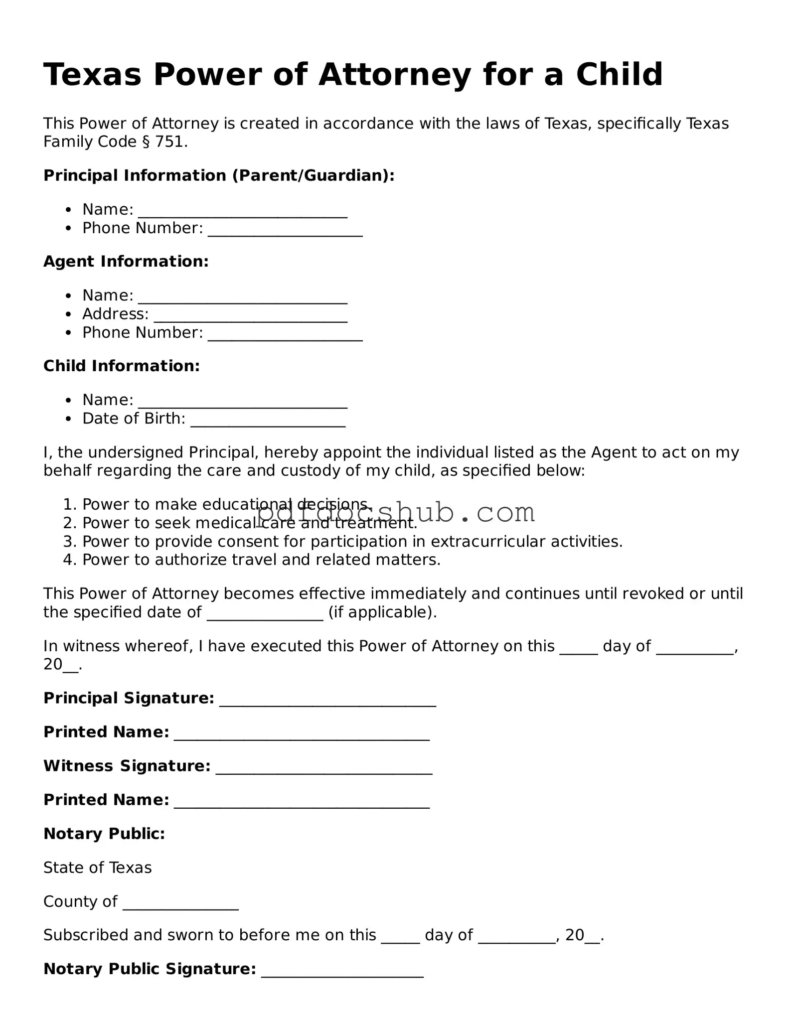 Attorney-Approved Texas Power of Attorney for a Child Form