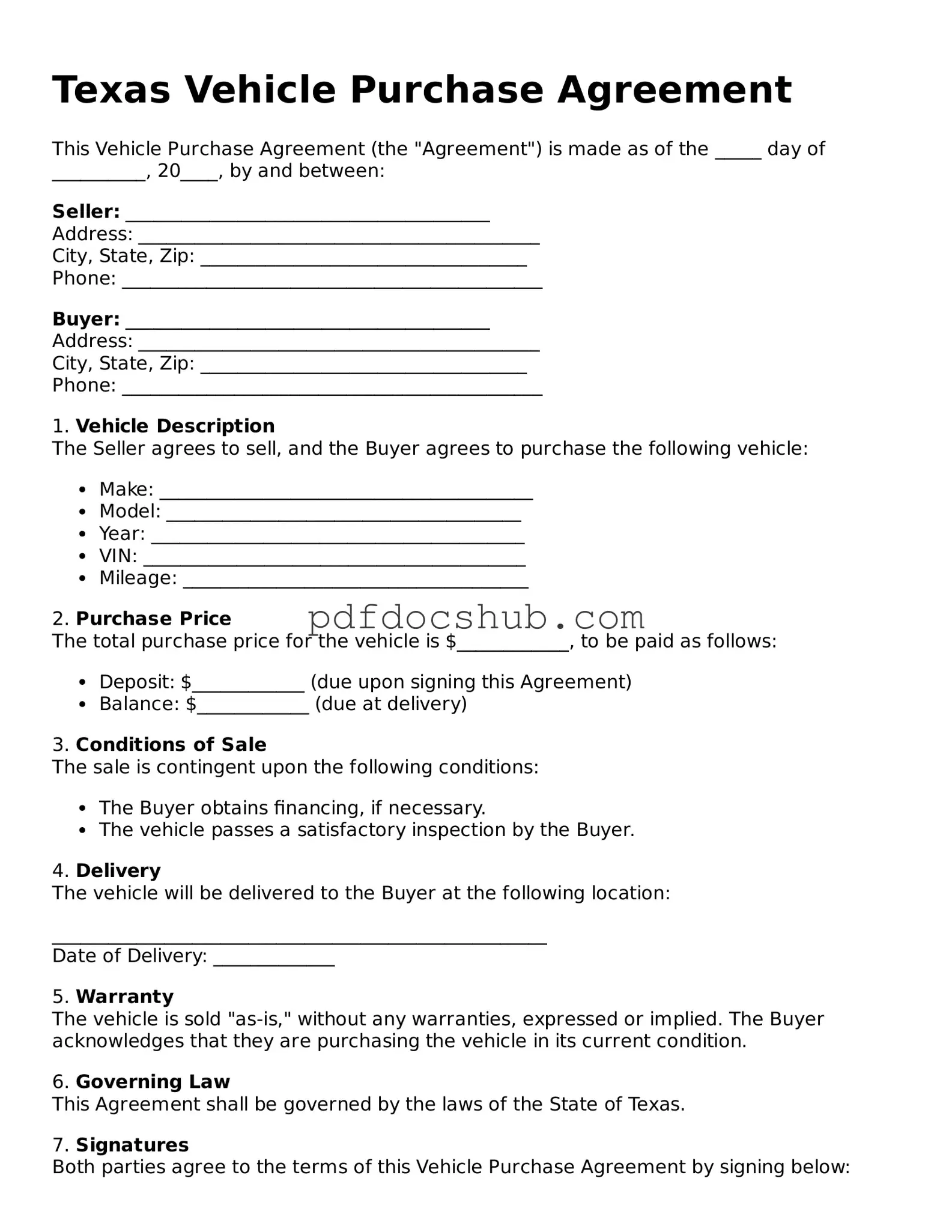 Attorney-Approved Texas Vehicle Purchase Agreement Form