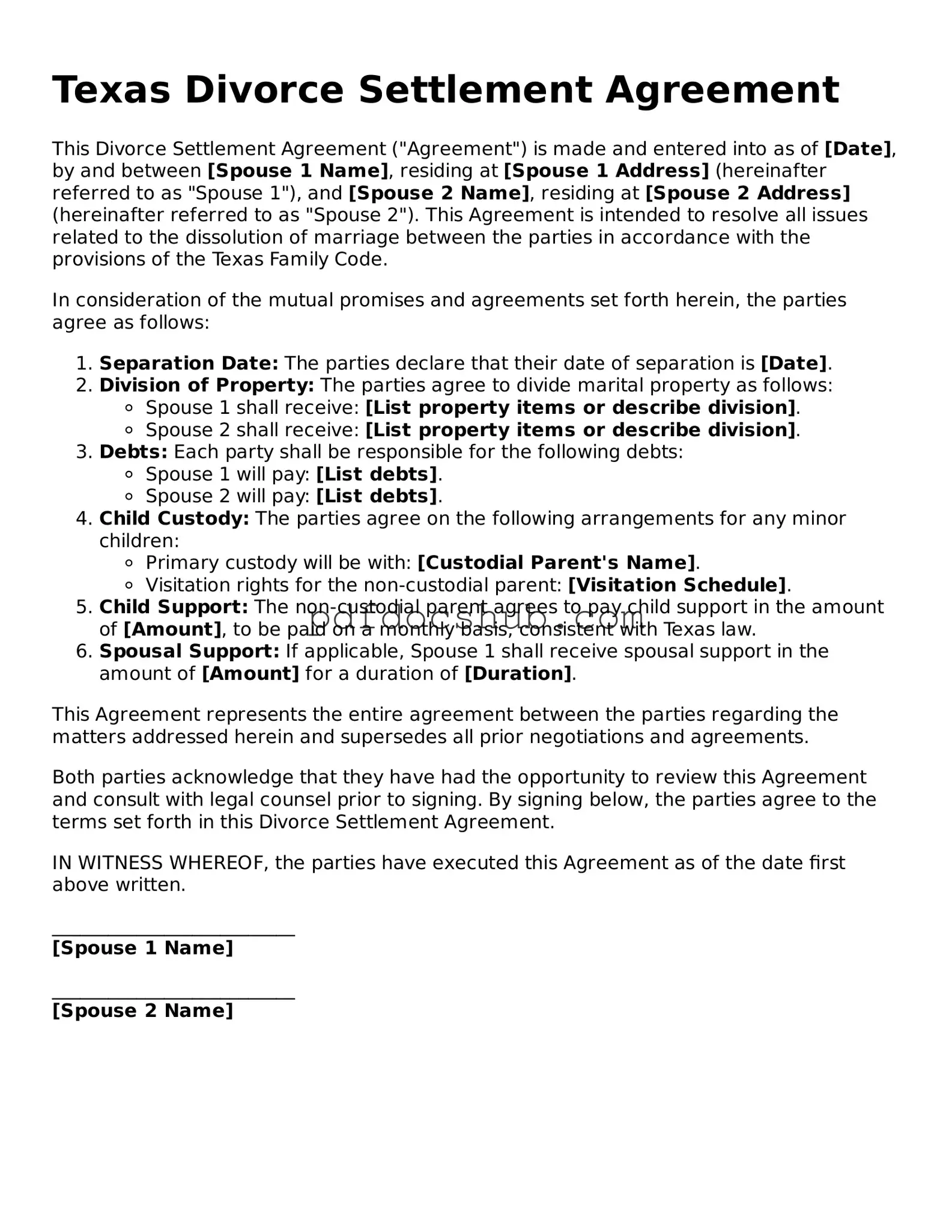 Attorney-Approved Texas Divorce Settlement Agreement Form